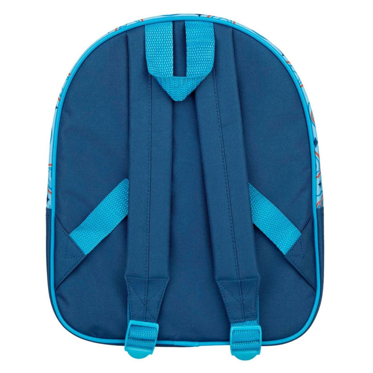 Blue backpack with a light blue pattern and straps. Details on the back.