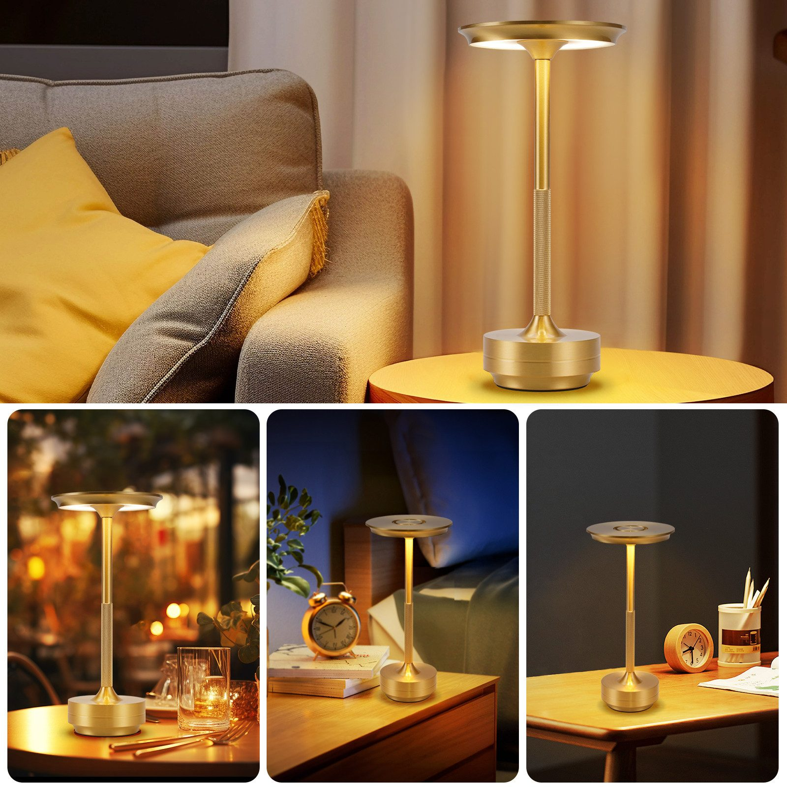 Złota lampka nocna na stole. Trzy różne tryby oświetlenia. Ciepłe wnętrze.