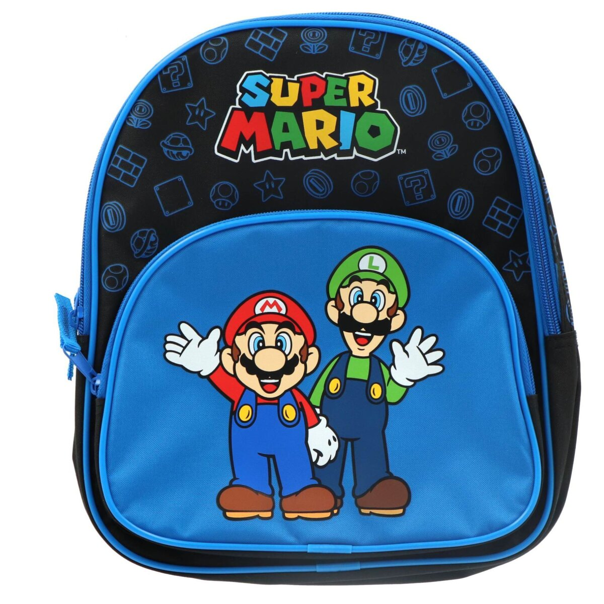 Rugzak met Super Mario personages. Blauwe voorkant met Mario en Luigi.