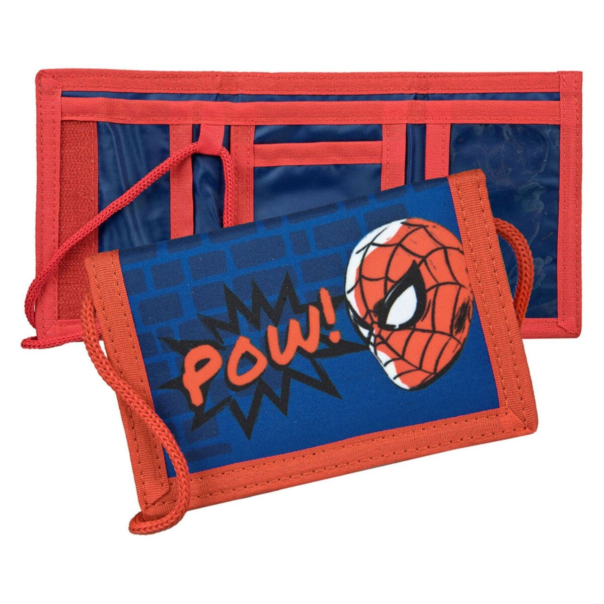 Spiderman portemonnee, rood en blauw met POW! tekst en Spiderman's gezicht.