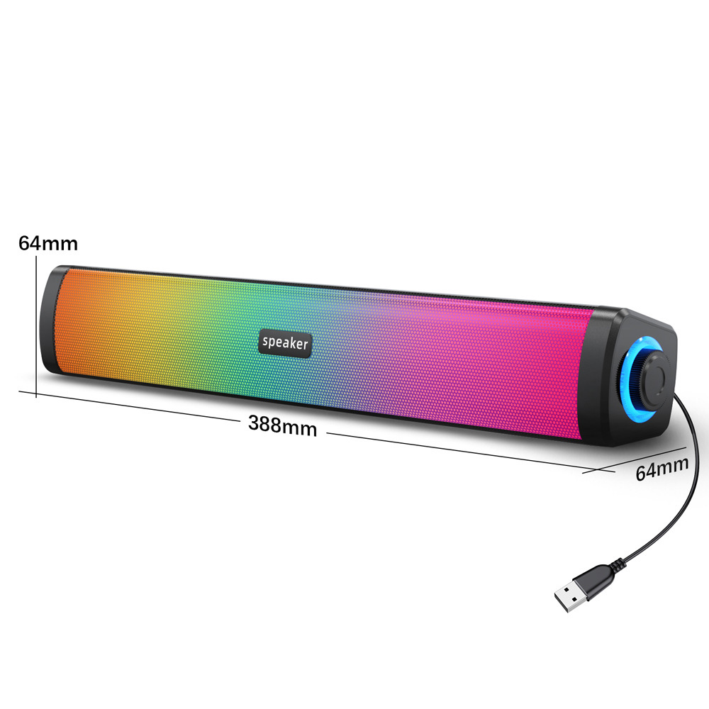 Ein langer, regenbogenfarbener Lautsprecher mit USB-Kabel. Schwarze Endkappen, blaues Licht und Text sind sichtbar.