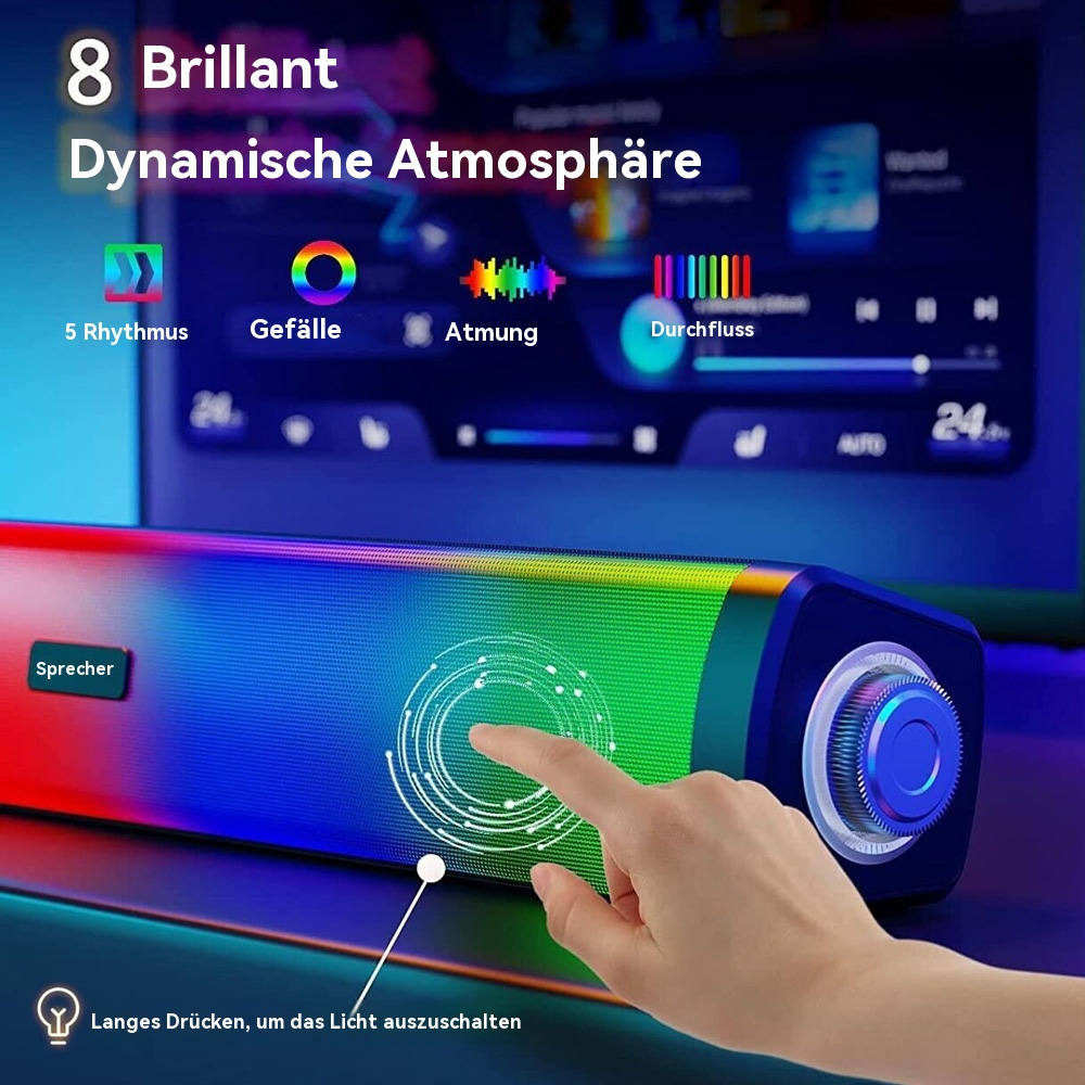 Eine Soundbar, die dynamische Beleuchtungsmodi anzeigt, mit einer Hand, die auf die Touch-Steuerung zeigt.