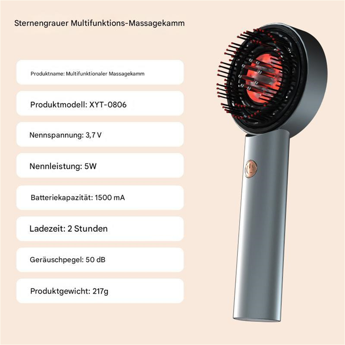 Ein grauer Kopfmassagegerät mit rotem Licht. Es hat einen Griff und mehrere Massageelemente sind sichtbar.