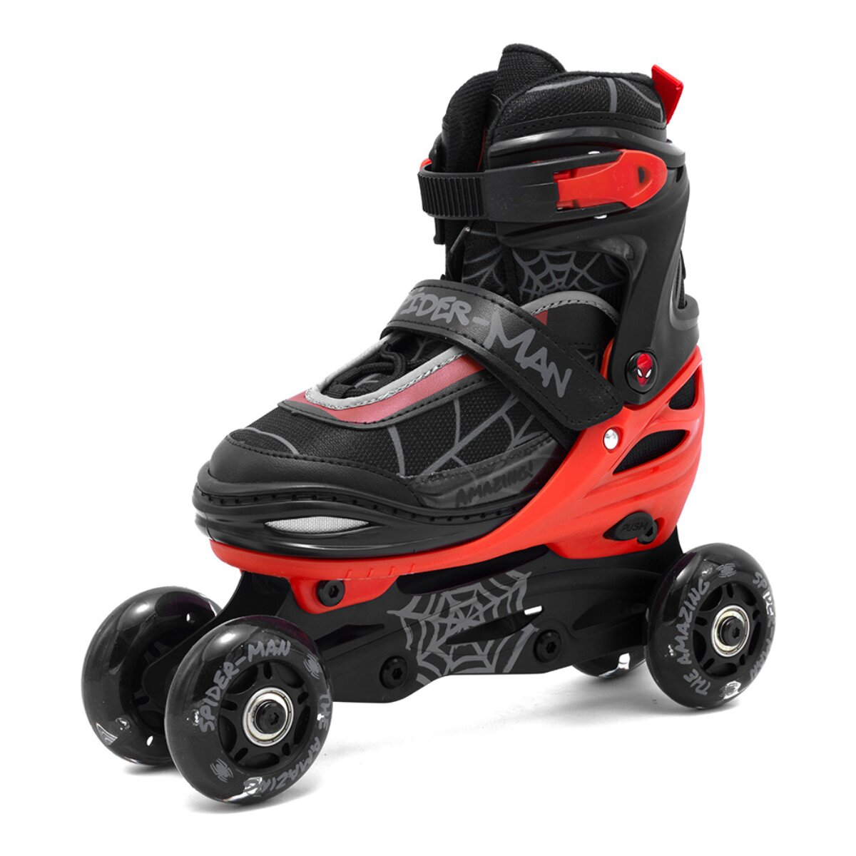 Ein roter und schwarzer Spider-Man Rollschuh mit drei Rädern. Spider-Man Logo und Netzdesign sichtbar.