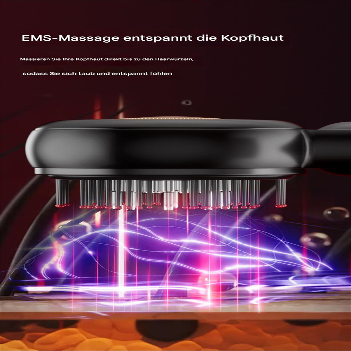 Ein schwarzes Kopfmassagegerät mit Lichtstrahlen. Haarsträhnen und rote Massage-Tipps sind sichtbar.