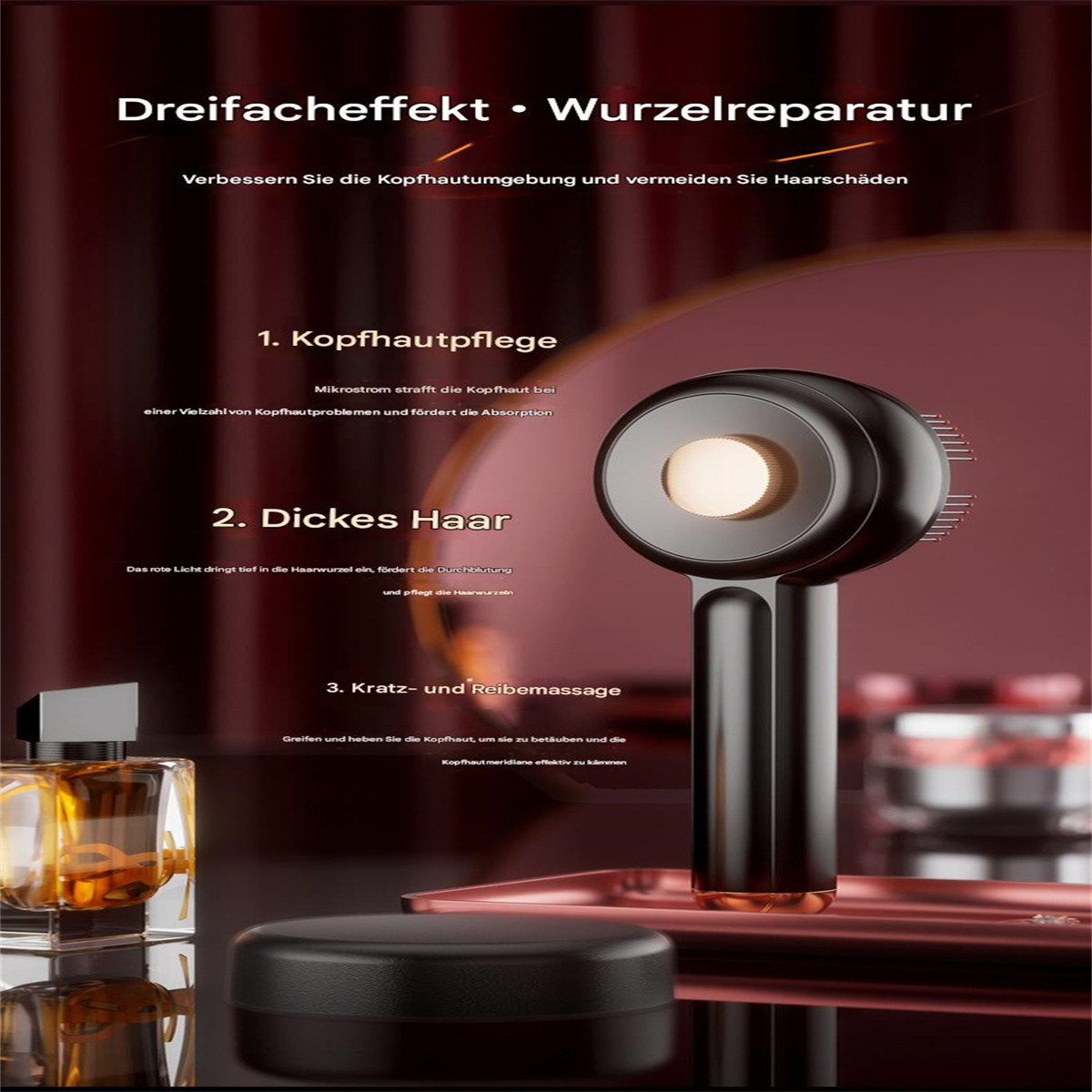 Schwarzes Haarpflegewerkzeug mit Anweisungen, eine Parfümflasche und ein schwarzes Glas.