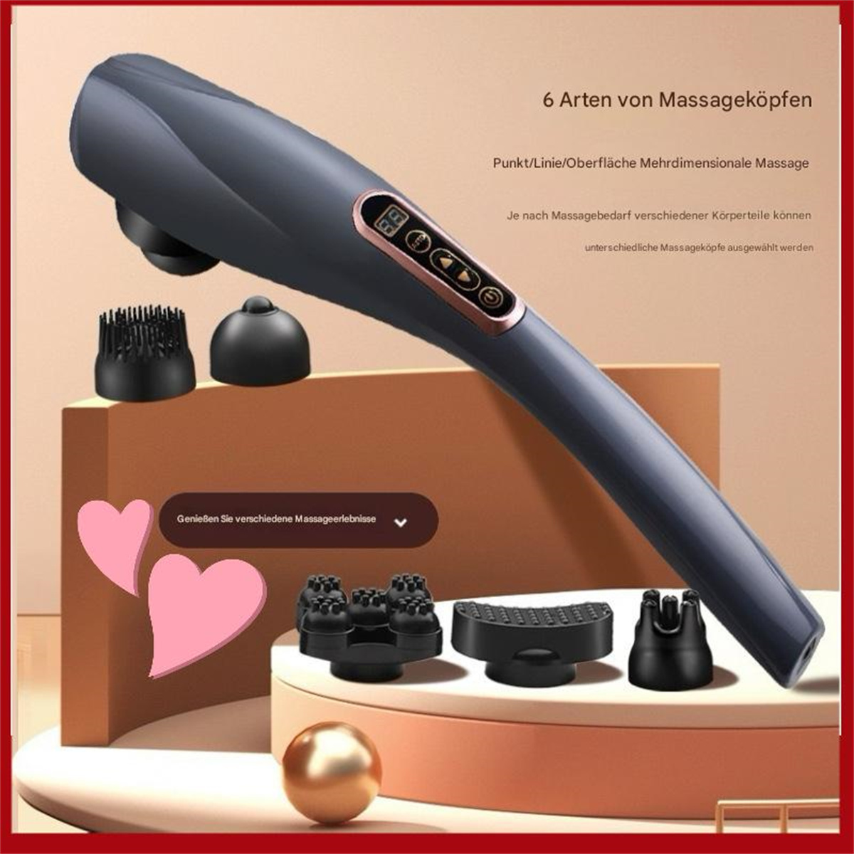 Graues Massagegerät mit mehreren Köpfen. Text auf Deutsch beschreibt Funktionen.