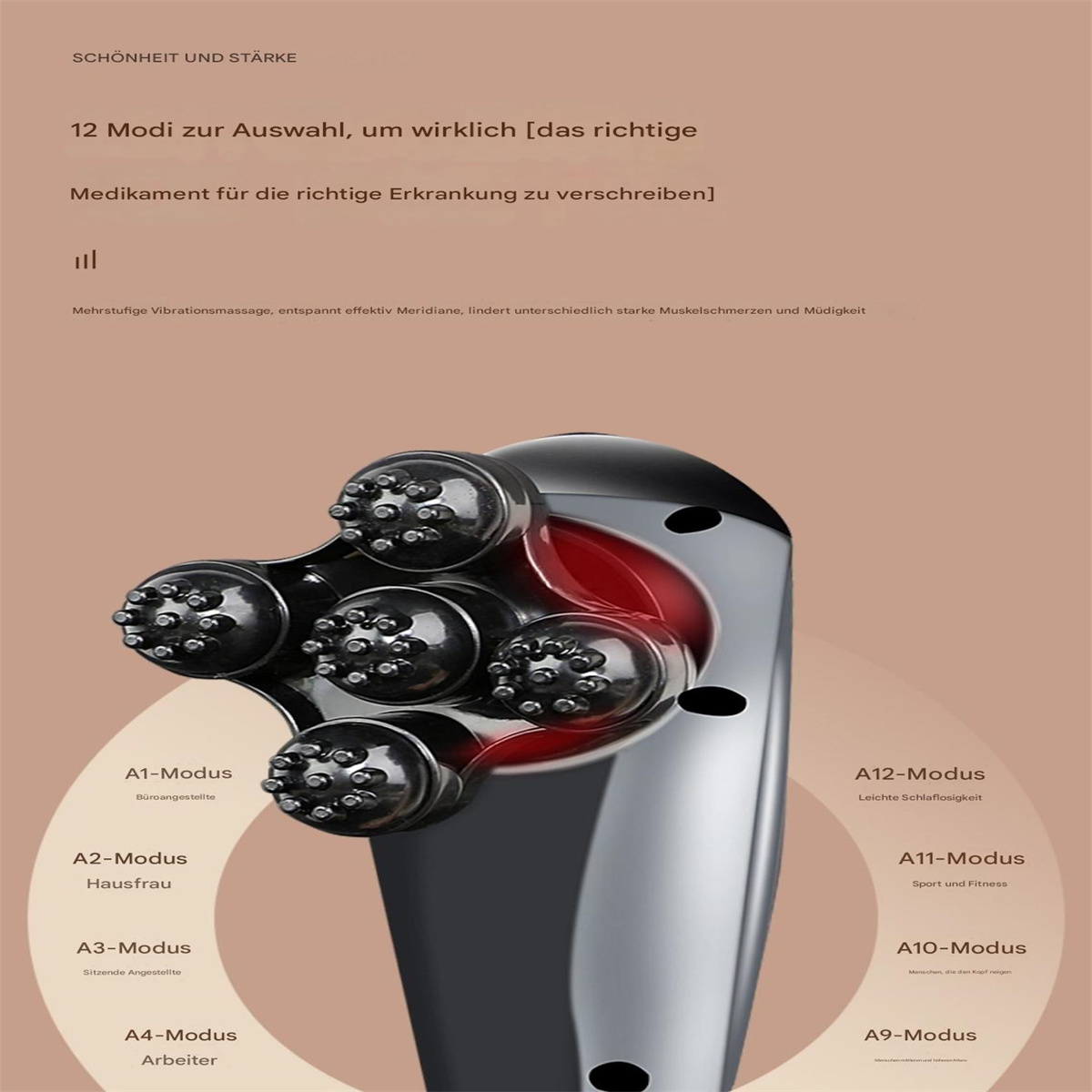 Ein Gerät mit mehreren Massageköpfen. Text-Overlays weisen auf verschiedene Massagemodi und Vorteile hin.