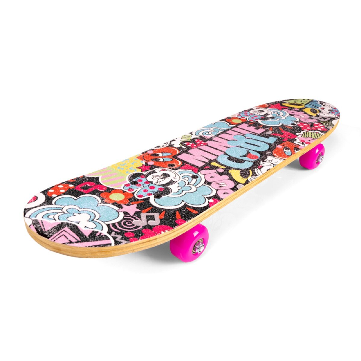 Ein Skateboard mit buntem Design und pinken Rädern. Das Wort "MINNIE" ist sichtbar.