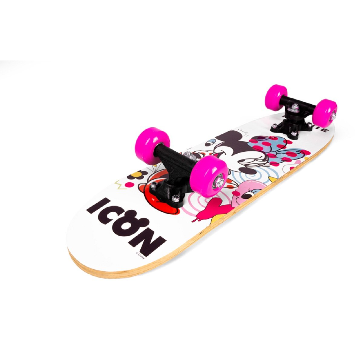 Ein weißes Skateboard mit Mickey- und Minnie-Mouse-Grafiken. Das Wort 'ICON' ist auf dem Board.