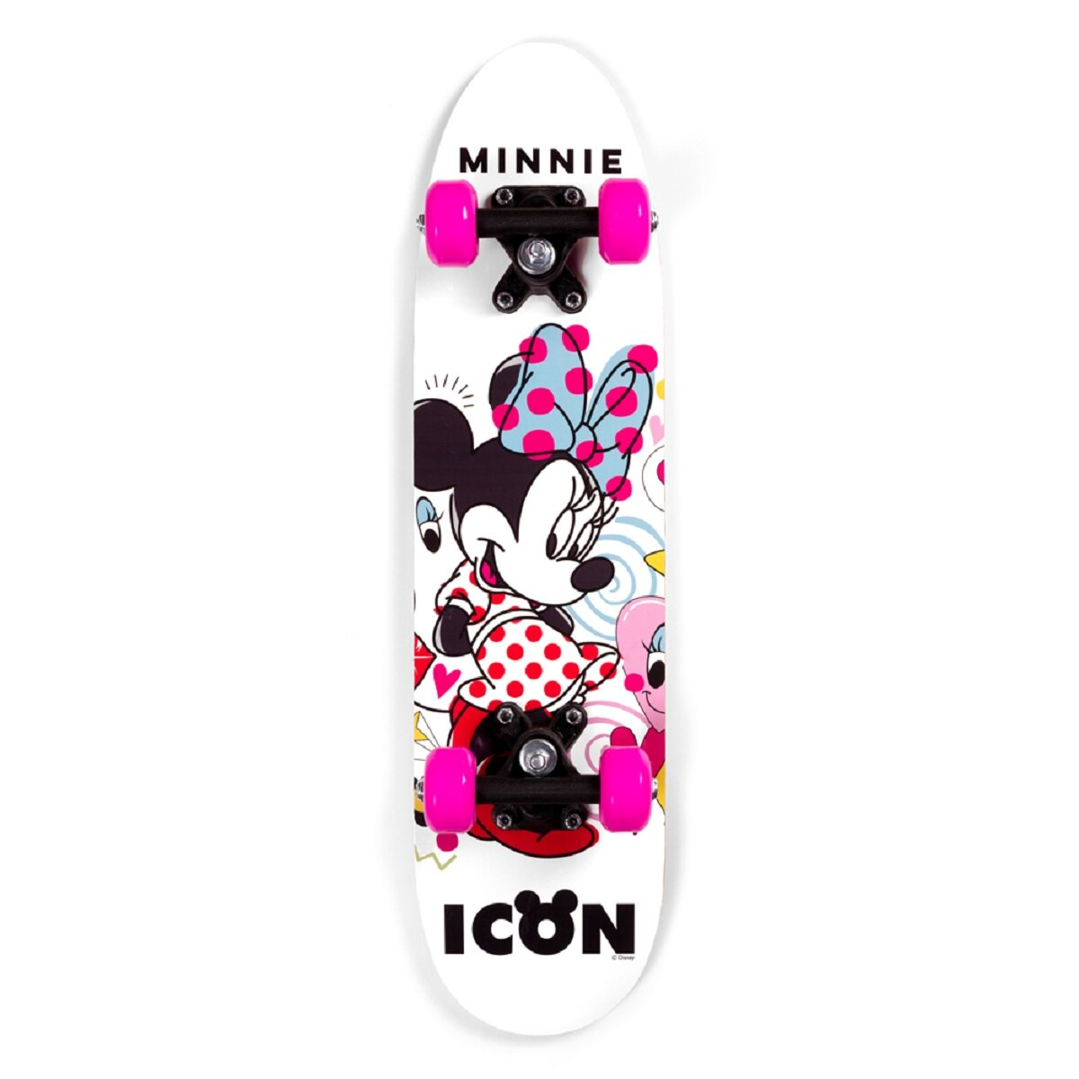 Weißes Minnie-Maus-Skateboard mit pinken Rädern. Minnie-Maus-Grafik auf dem Deck.