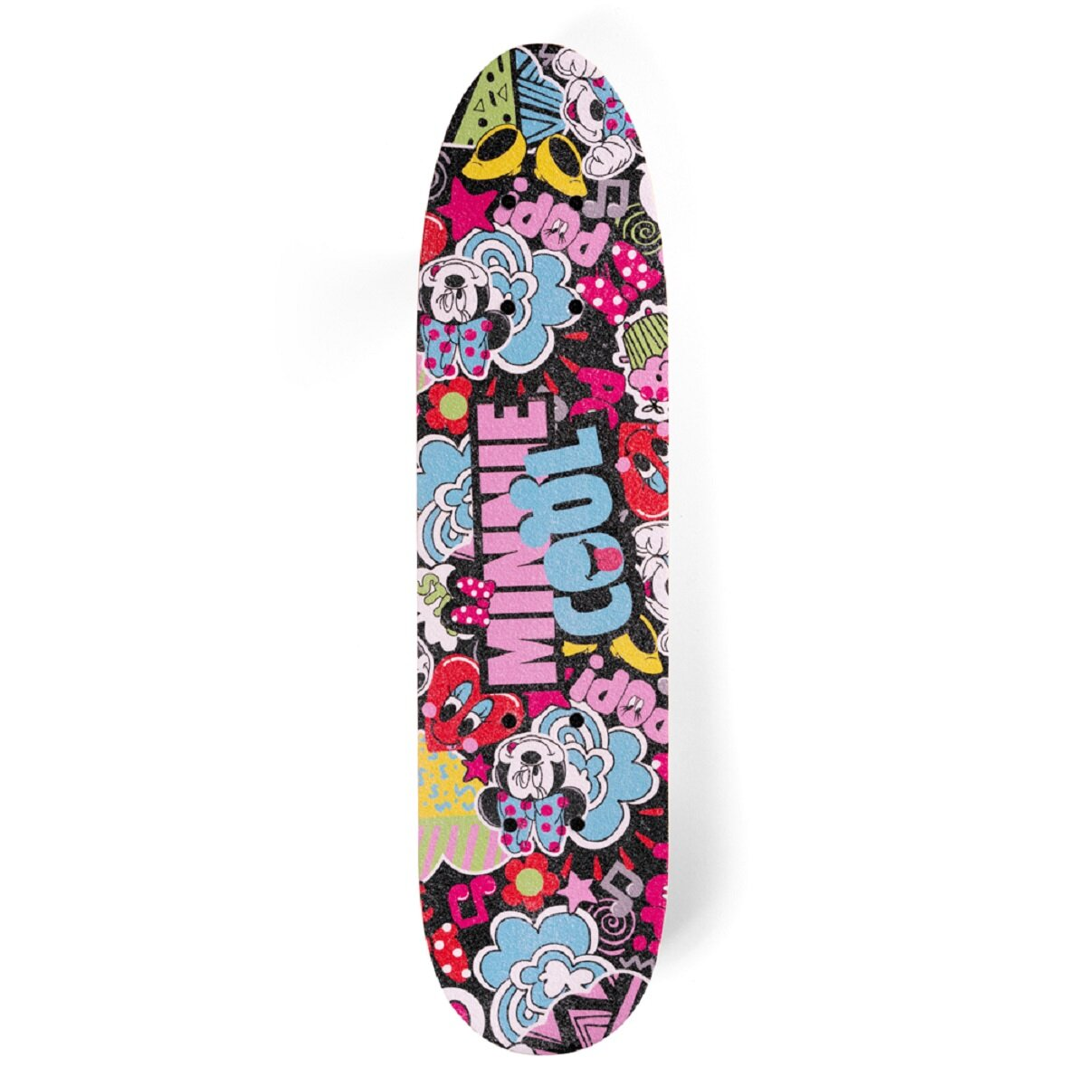 Ein Skateboard mit Minnie-Maus-Design auf weißem Hintergrund.