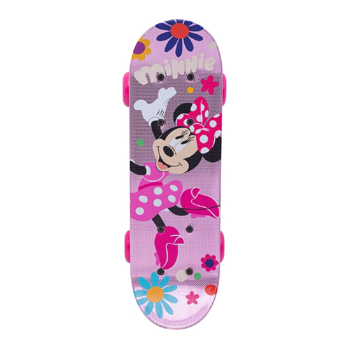 Pinkes Minnie Mouse Skateboard mit Blumen und ihrem Bild darauf.