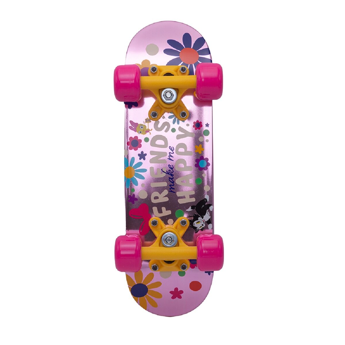 Ein pinkes Skateboard mit bunten Blumenmustern und den Worten "FRIENDS MAKE ME HAPPY".