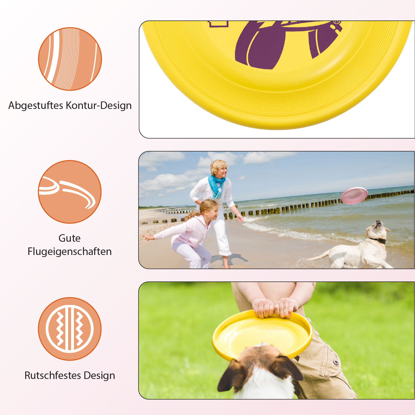 Eine gelbe Frisbee wird mit einem Hund und Personen am Strand und im Park gespielt.