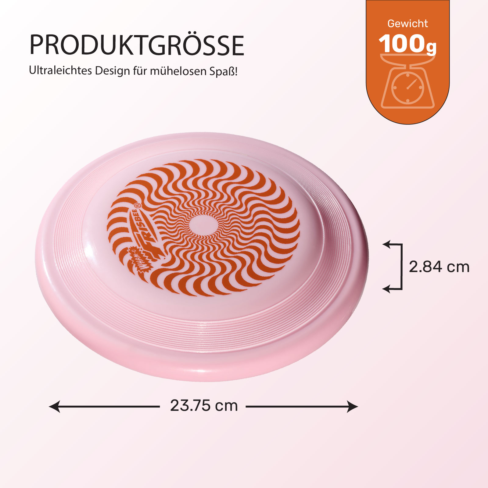 Rosa Frisbee mit Wirbeldesign und Maßen, mit Text PRODUCTGRÖSSE und 100g Gewicht.