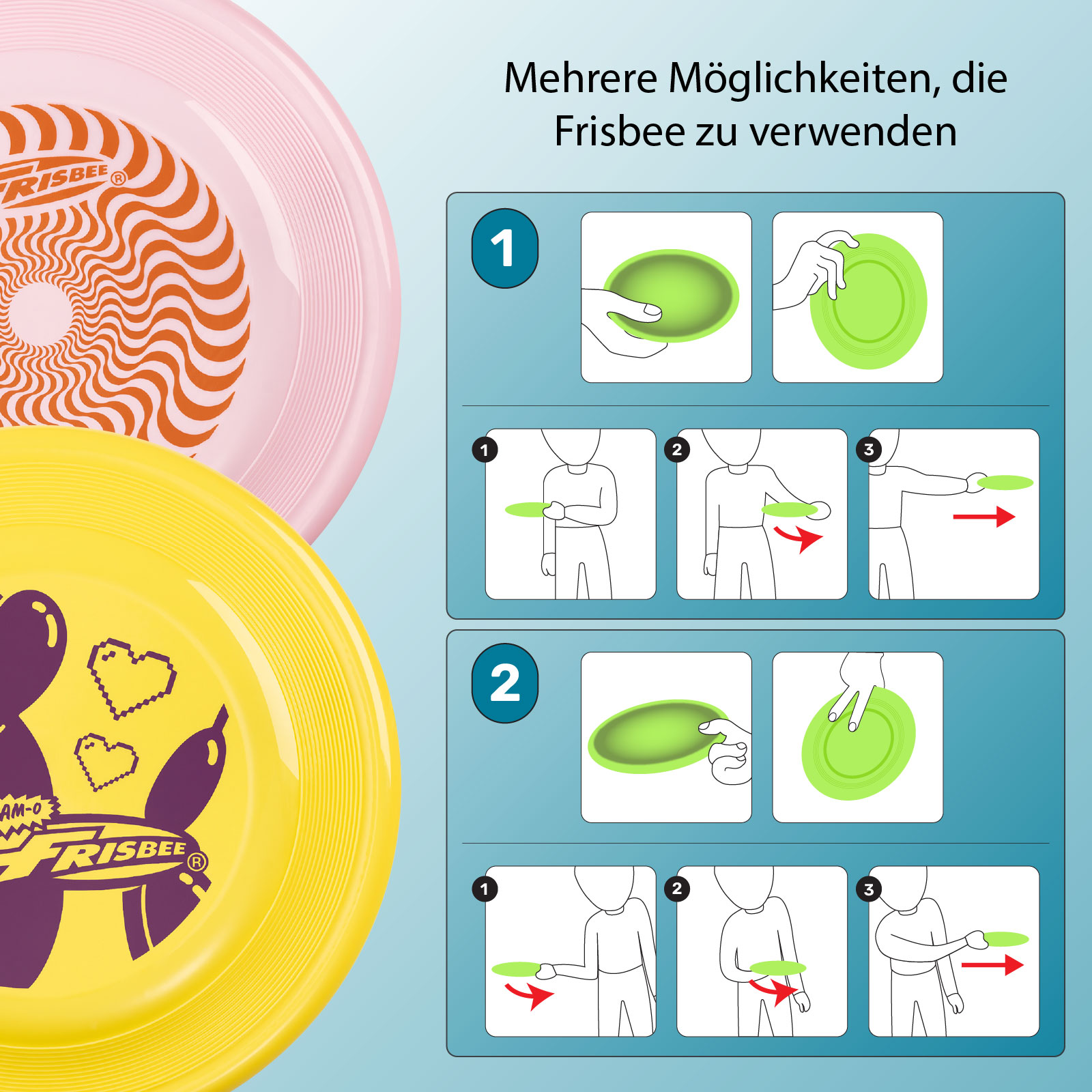 Anleitung zur Verwendung von Frisbees, mit Bildern von Wurftechniken, auf blauem Hintergrund.