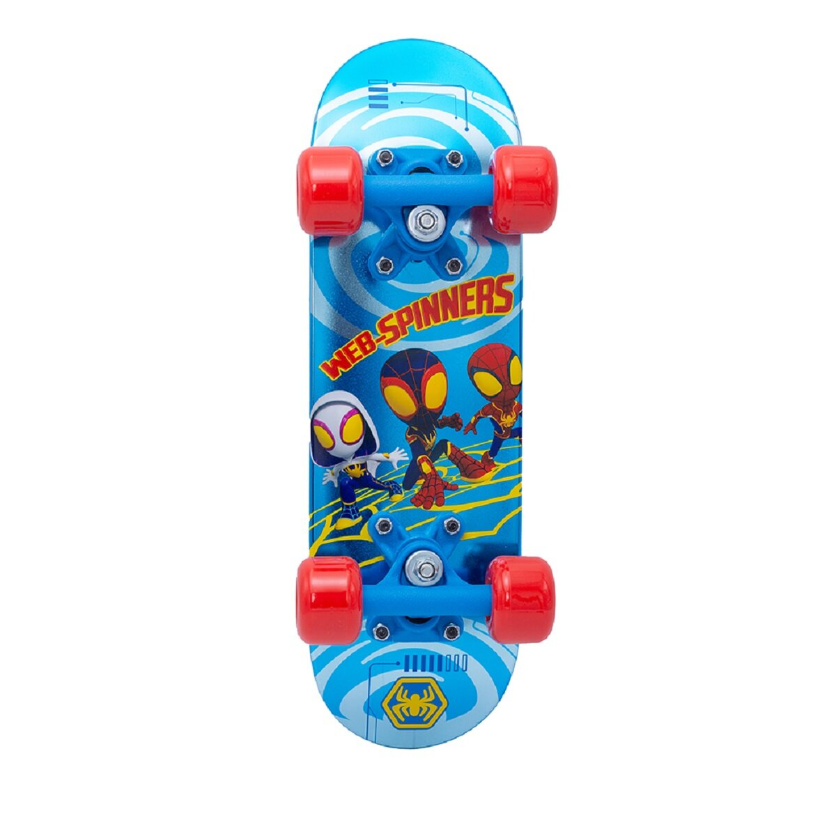 Ein blaues Spiderman-Skateboard mit Web-Spinners-Charakteren und roten Rädern, vor weißem Hintergrund.