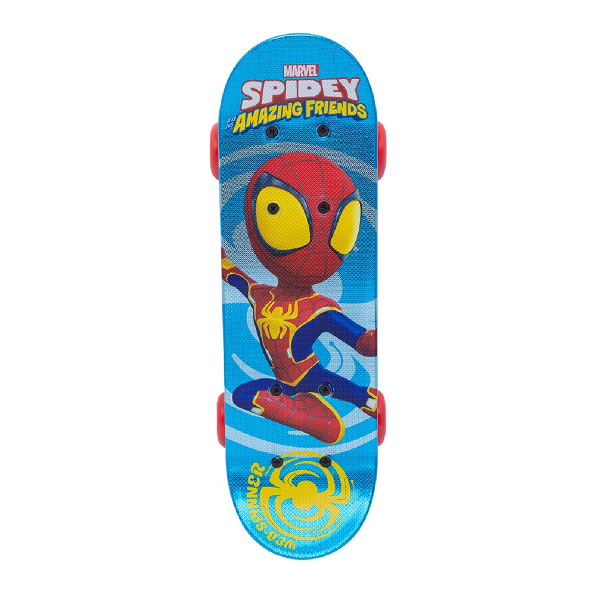 Blaues Spidey-Skateboard. Spidey-Figur in der Mitte.