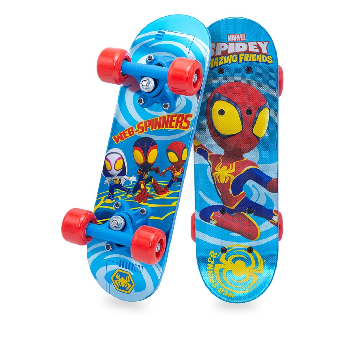 Zwei Spiderman-Skateboards, blau mit Illustrationen von Spiderman und seinen Freunden, vor weißem Hintergrund.