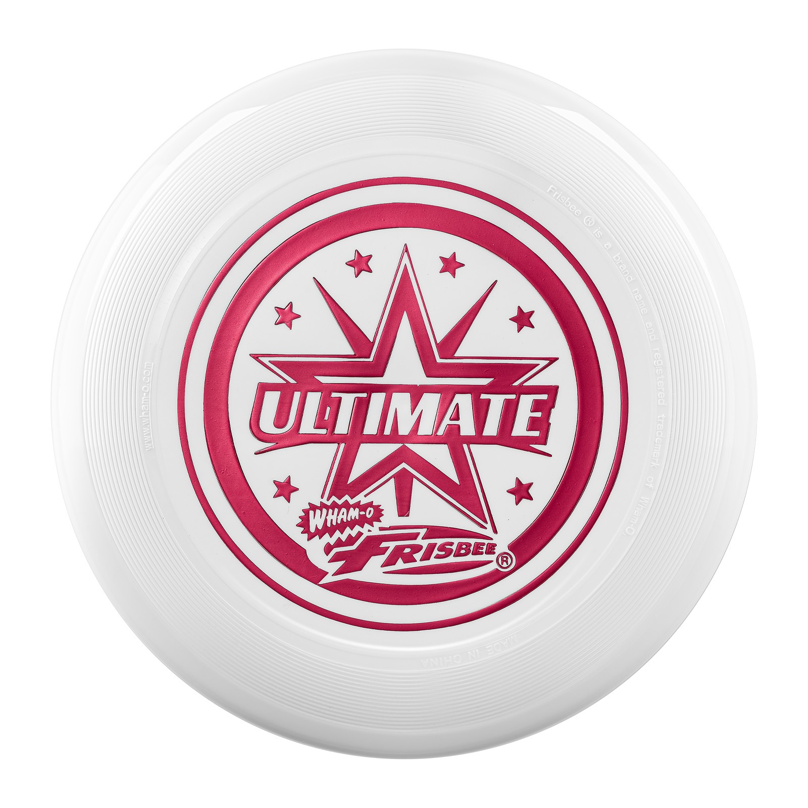 Frisbee bianco con testo 'ULTIMATE' rosso al centro e stelle intorno.