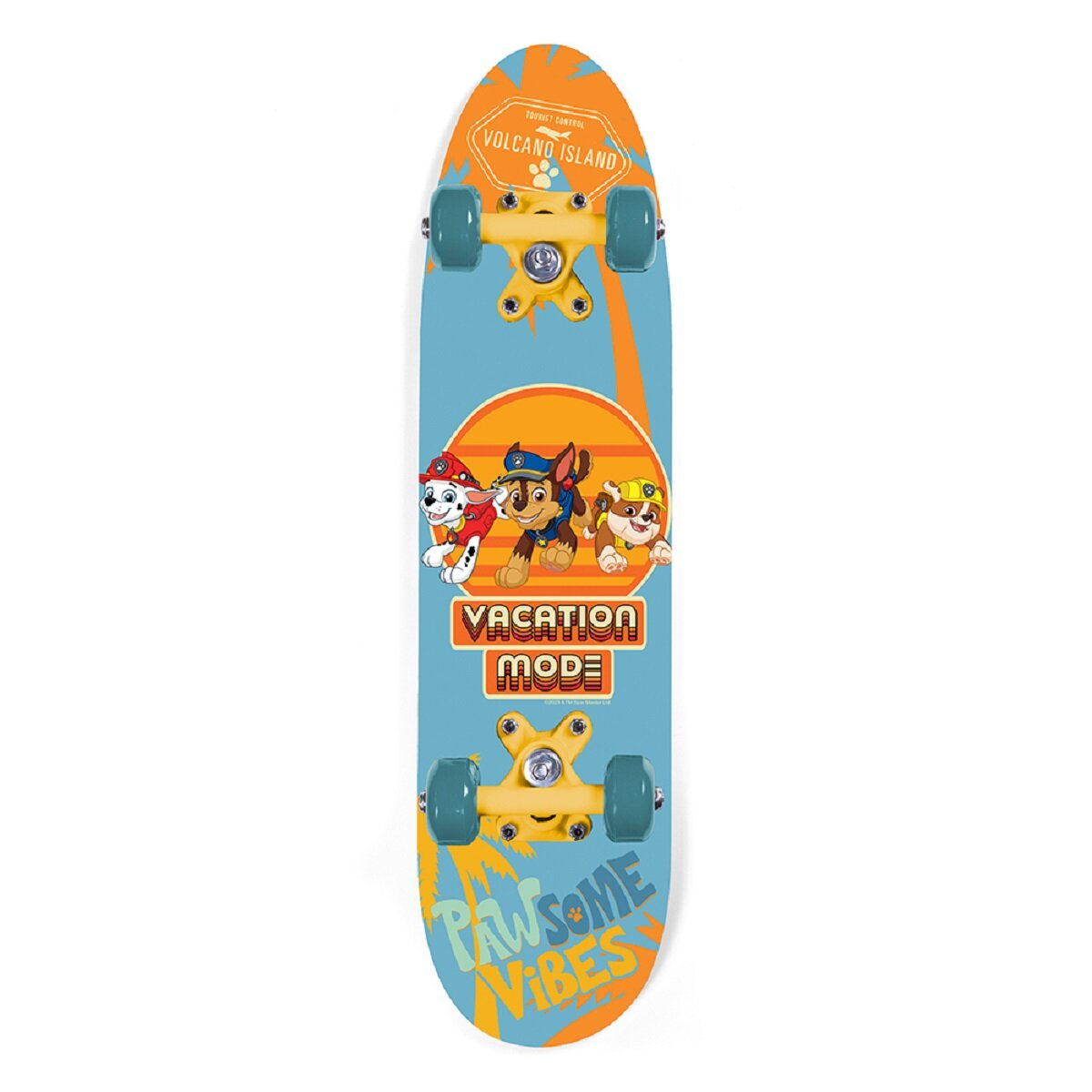 Ein Skateboard mit Zeichentrickfiguren, mit blauem Hintergrund und orangefarbenen Akzenten.