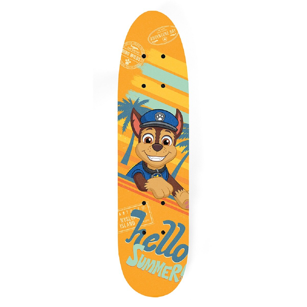 Oranges Skateboard mit Chase von Paw Patrol. Es steht "Hello Summer" drauf, Palmen sind abgebildet.