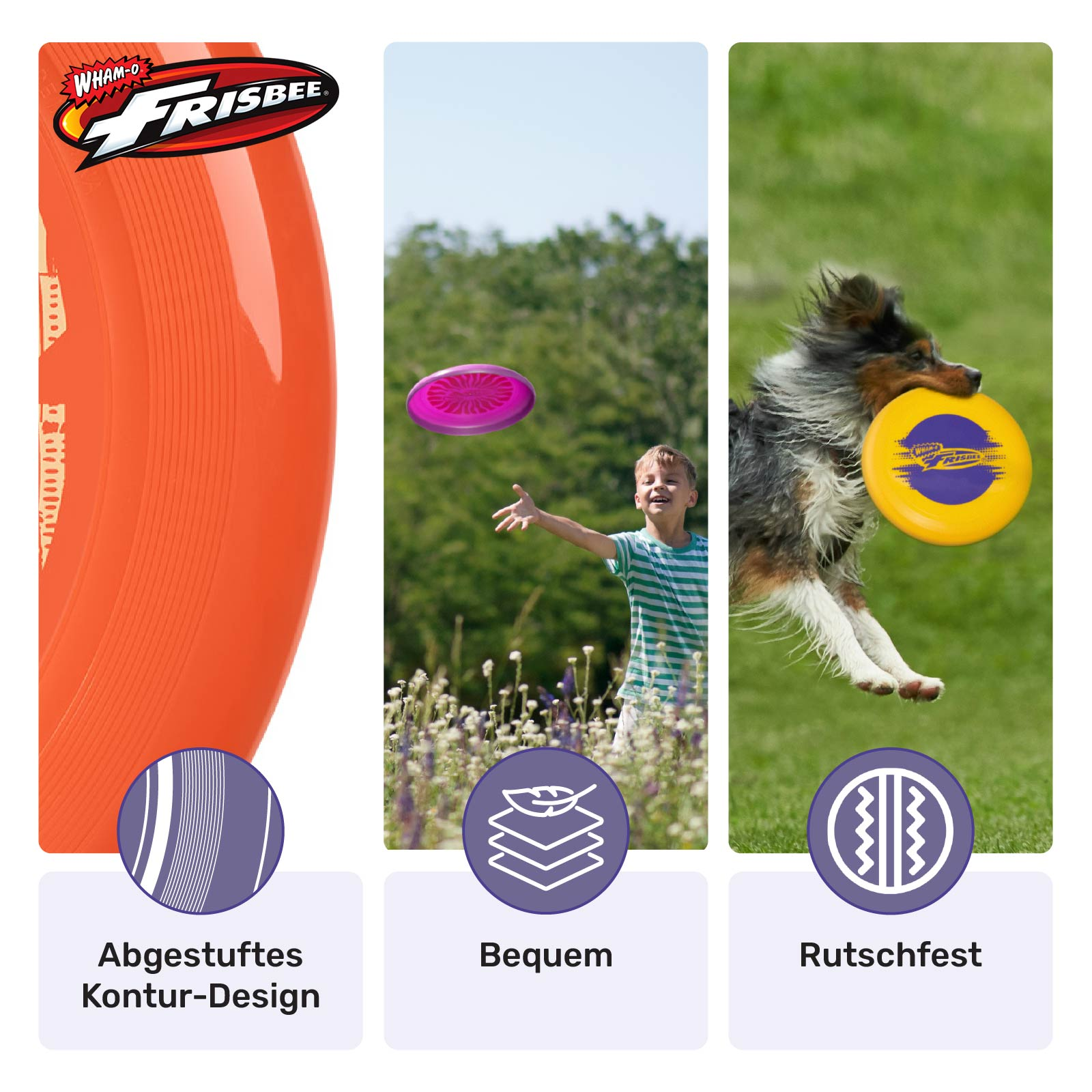 Drei Bilder mit einem Frisbee und Diagrammen, die 'Kontur-Design', 'Komfort' und 'Rutschfest' bewerben.
