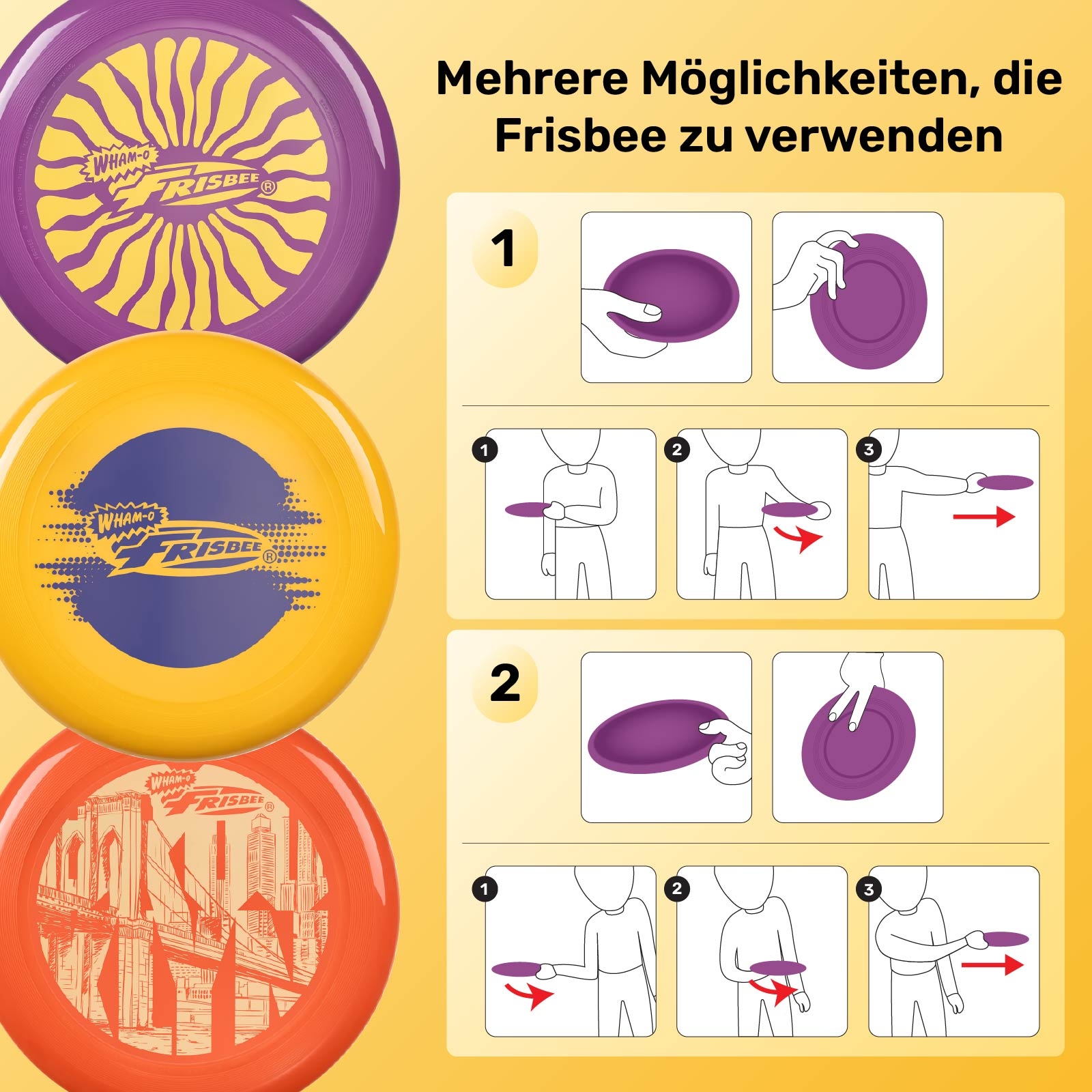 Drei Frisbees in verschiedenen Farben, mit Illustrationen, die zeigen, wie man die Scheibe wirft und fängt.