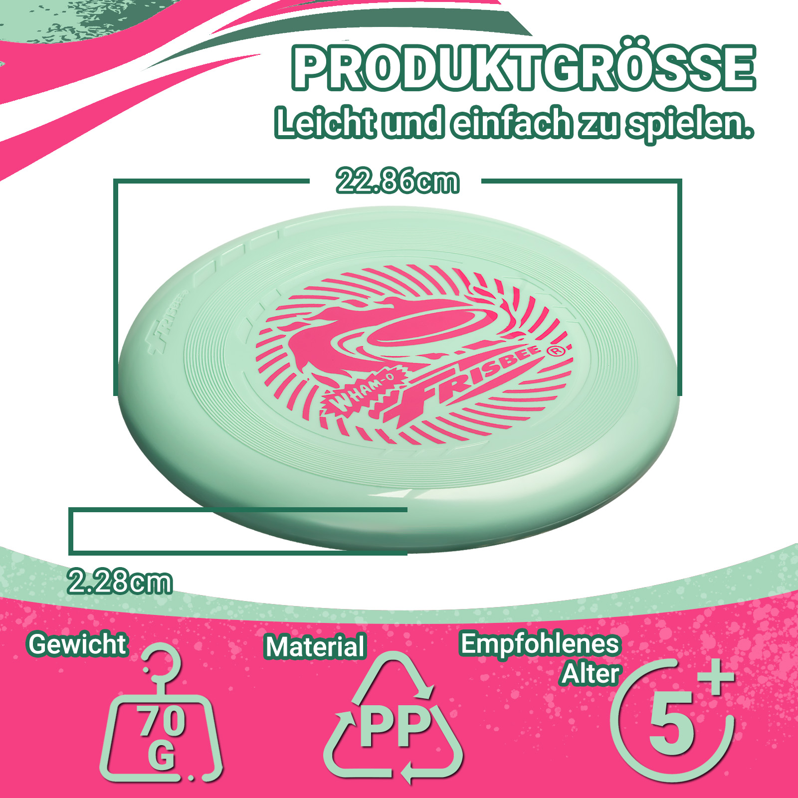Eine hellgrüne Frisbee mit Abmessungen und Gewichtsangaben sowie einer Altersempfehlung von 5+.