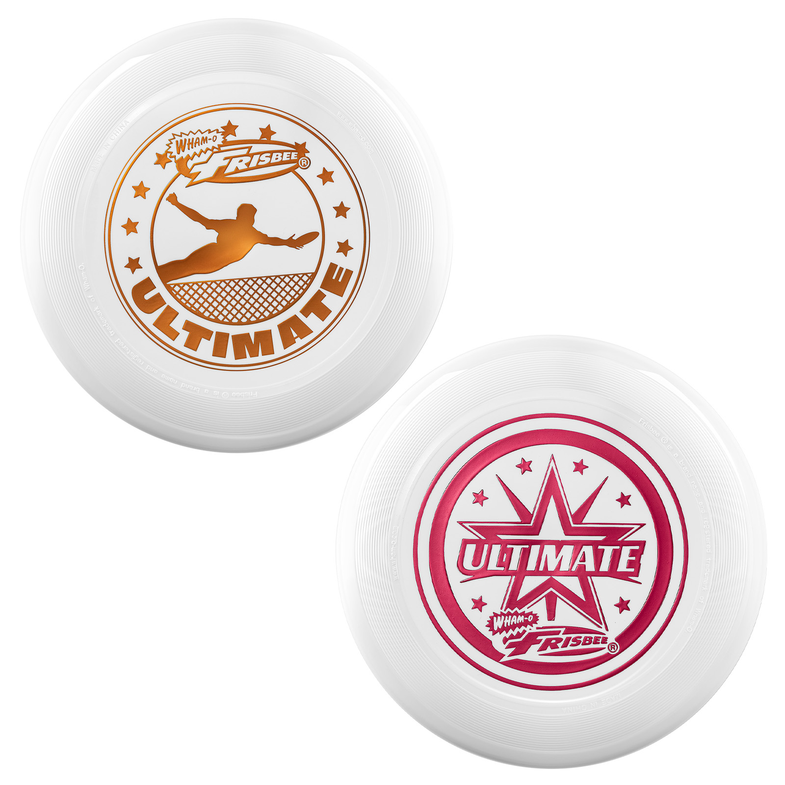 Zwei weiße Frisbees. Einer hat eine goldene Silhouette einer Person, der andere einen roten Stern mit dem Wort 'ULTIMATE'.