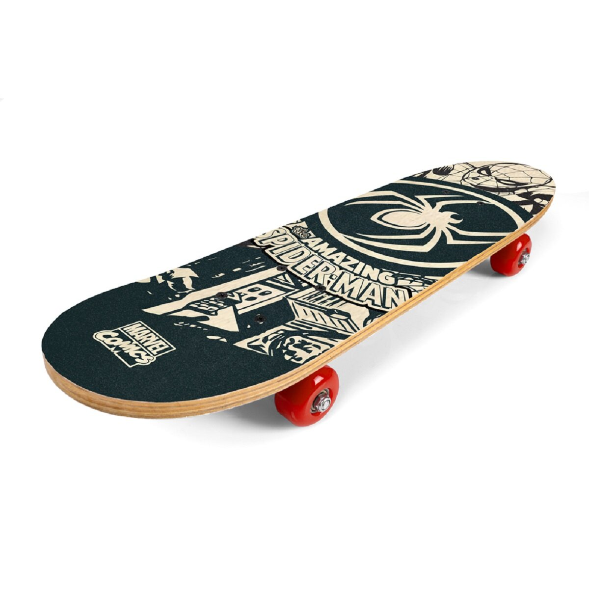 Ein Skateboard mit einer schwarzen Oberfläche mit dem Comicbild 'Amazing Spider-Man' und roten Rädern.