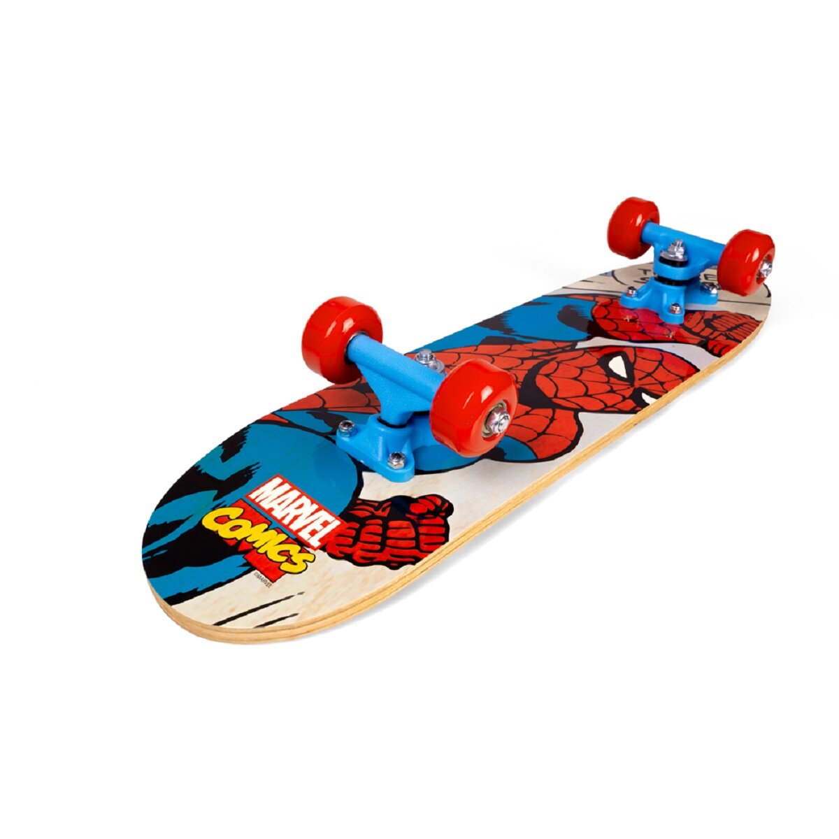Ein Skateboard mit Spider-Man-Grafiken, blauen Trucks und roten Rädern.