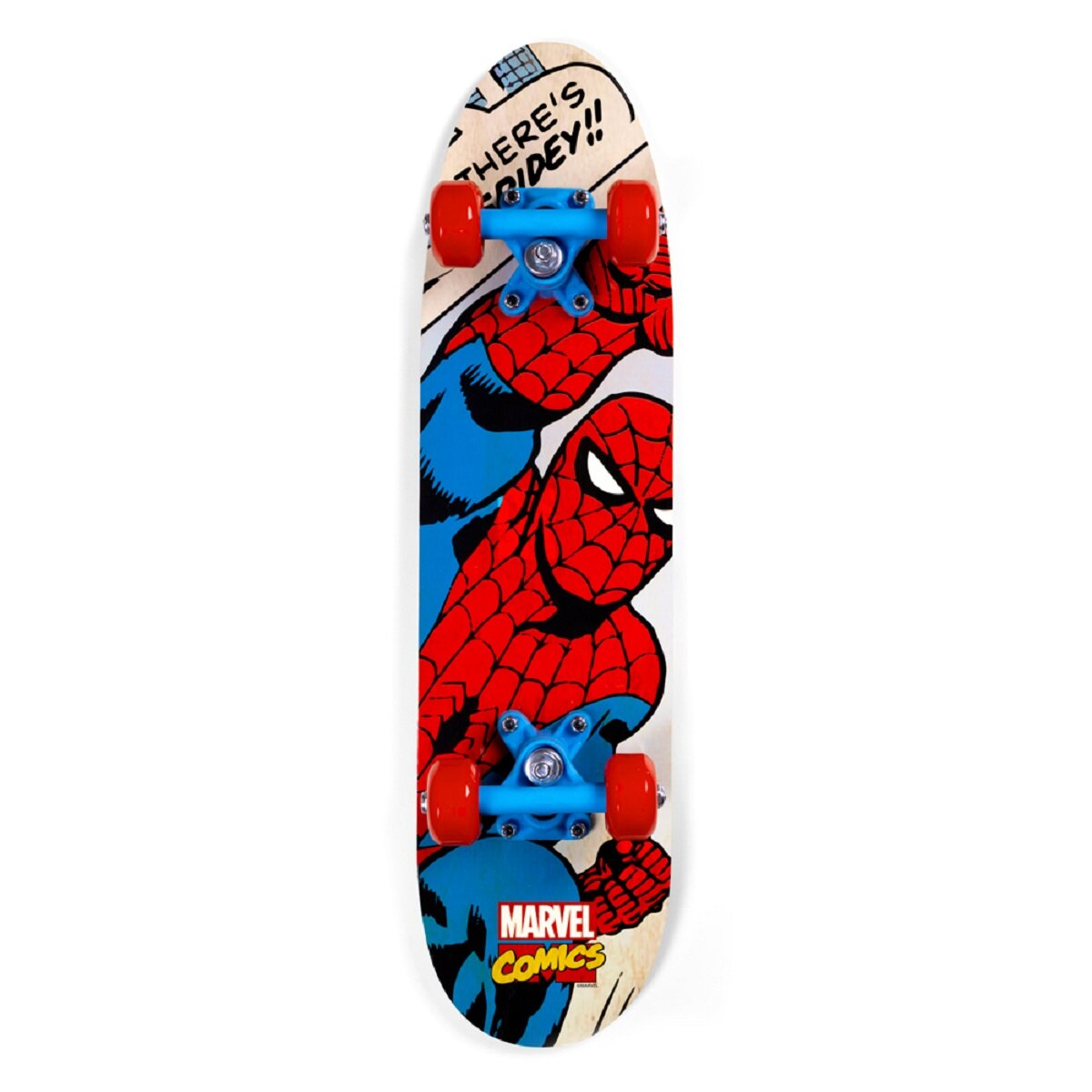 Ein Skateboard mit einer Illustration von Spider-Man. Das Board ist hellfarbig mit roten und blauen Akzenten.