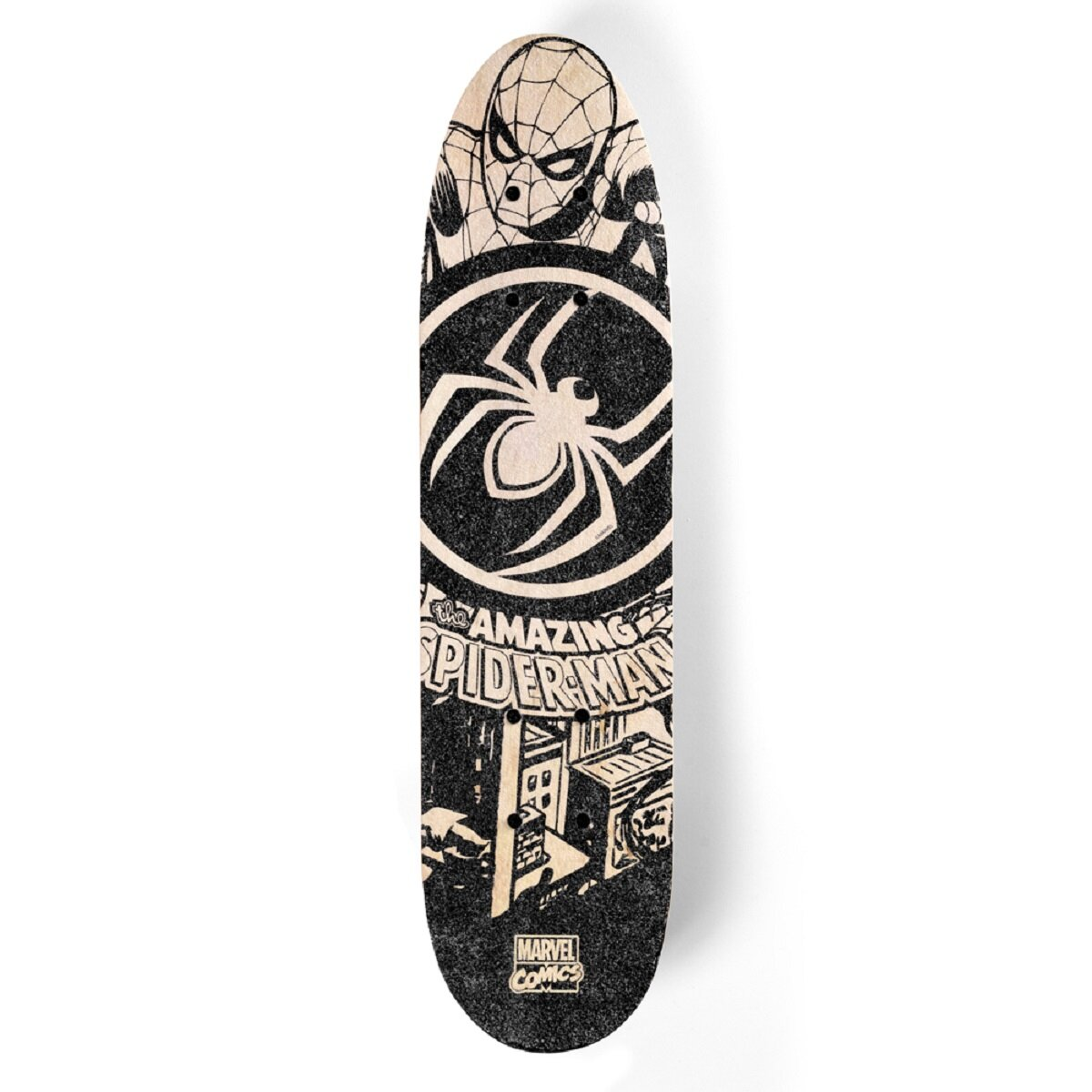 Ein schwarzes Skateboard mit Spider-Man-Grafiken und den Worten 'AMAZING SPIDER-MAN'.