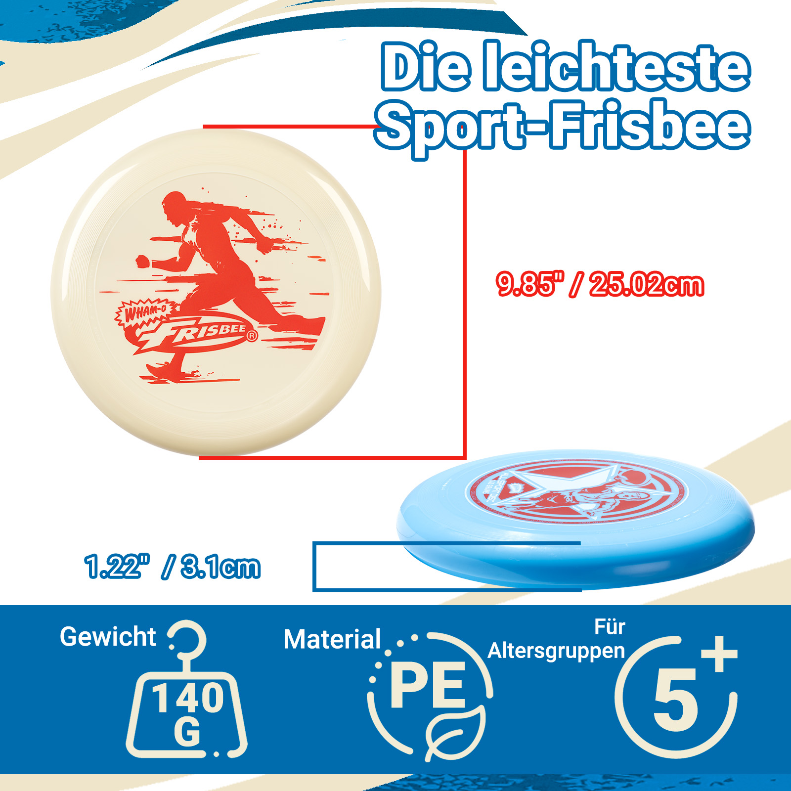 Eine weiße Frisbee mit einem rennenden Mann und Abmessungen. Eine weitere blaue Frisbee ist ebenfalls abgebildet.