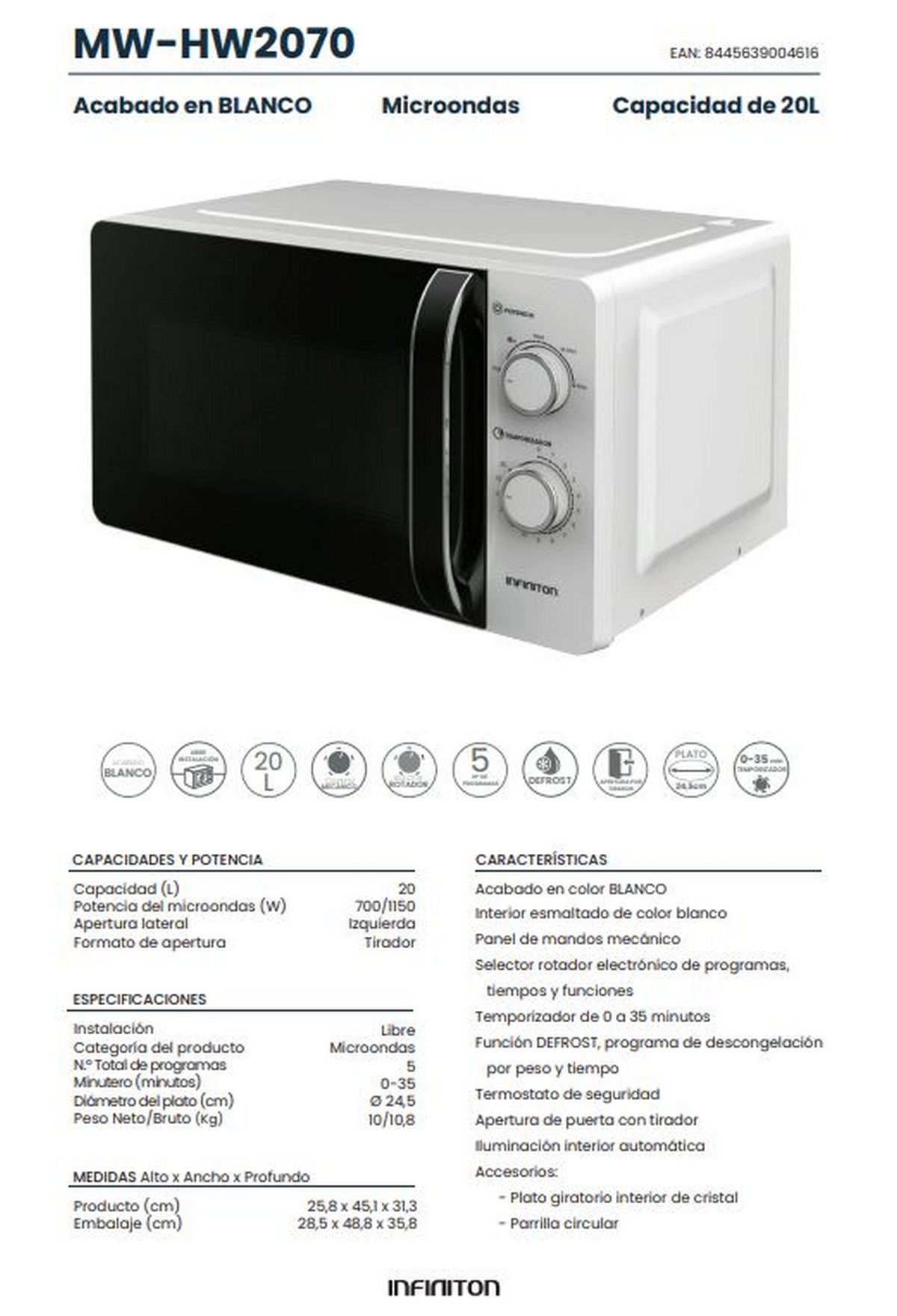 Microondas blanco con puerta negra y panel de control. El texto describe las características.