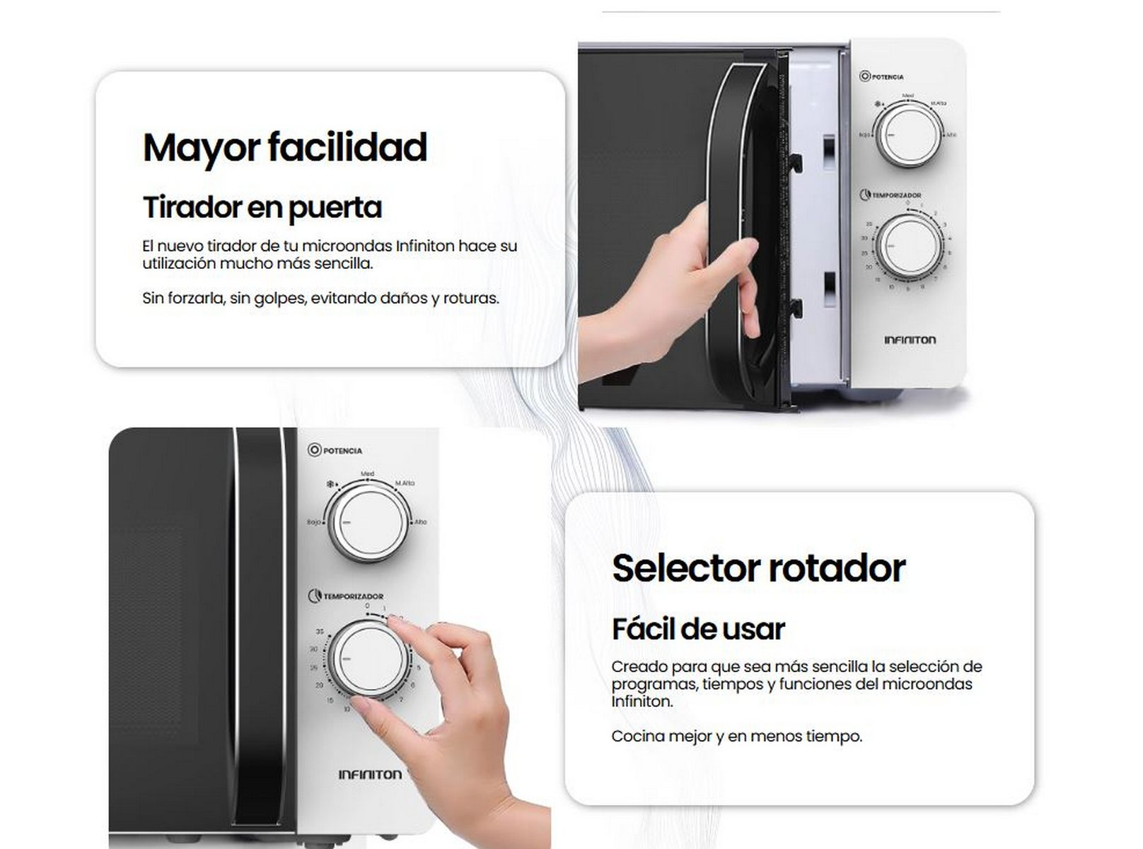 La imagen muestra un microondas con la puerta abierta, mostrando el panel de control y texto.