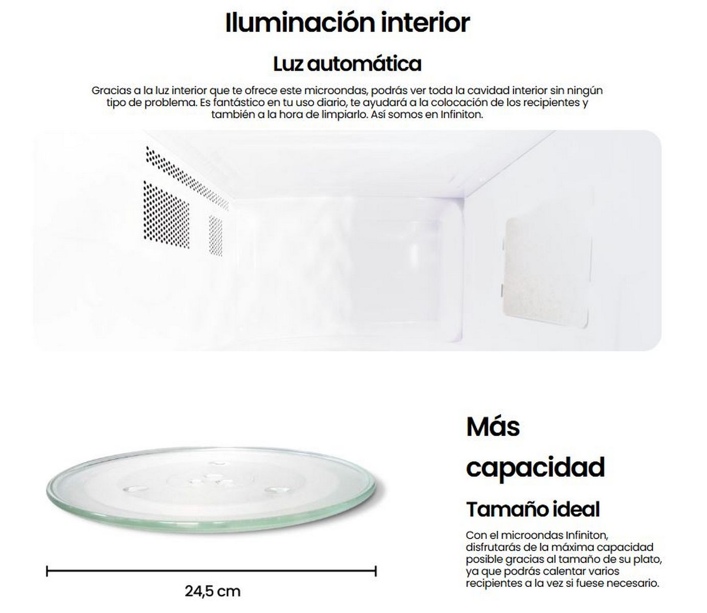 Interior de microondas con plato de cristal. Texto en español menciona luz automática y capacidad. Muestra el interior y el plato.