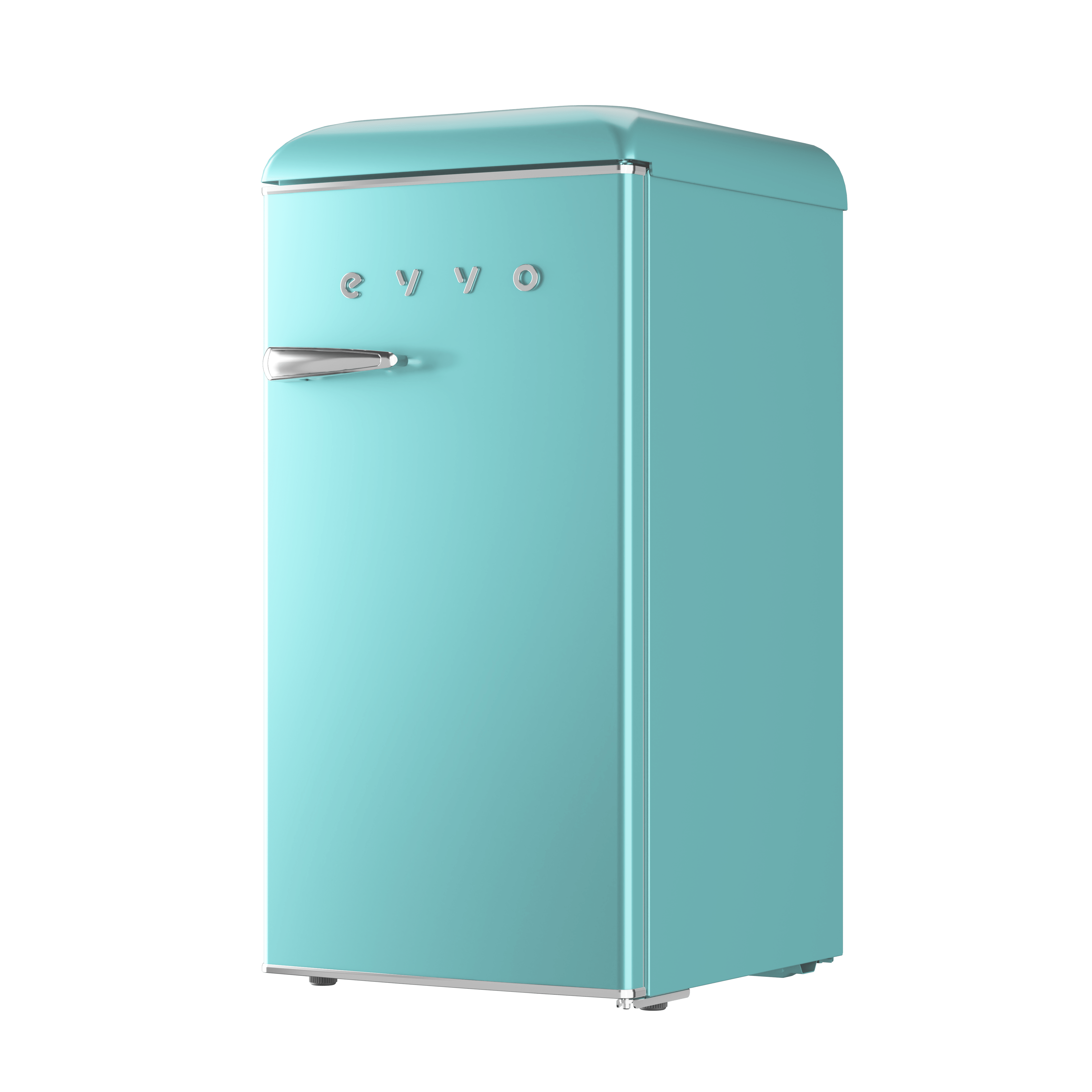 Un refrigerador retro turquesa con manija y borde plateados, sobre un fondo negro. La marca es 'evvo'.