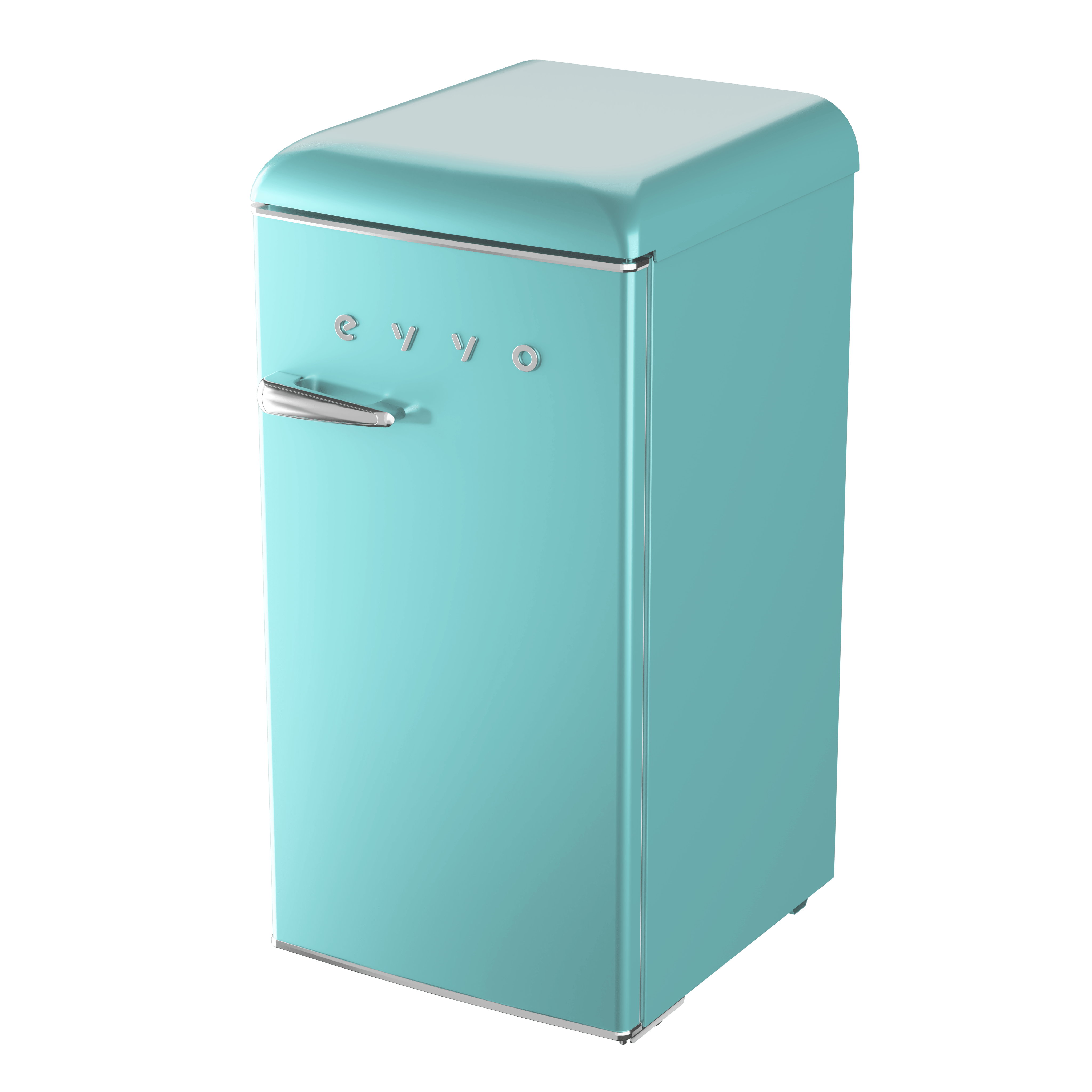 Un refrigerador retro turquesa con manija y borde plateados, sobre un fondo negro. La marca es 'evvo'.