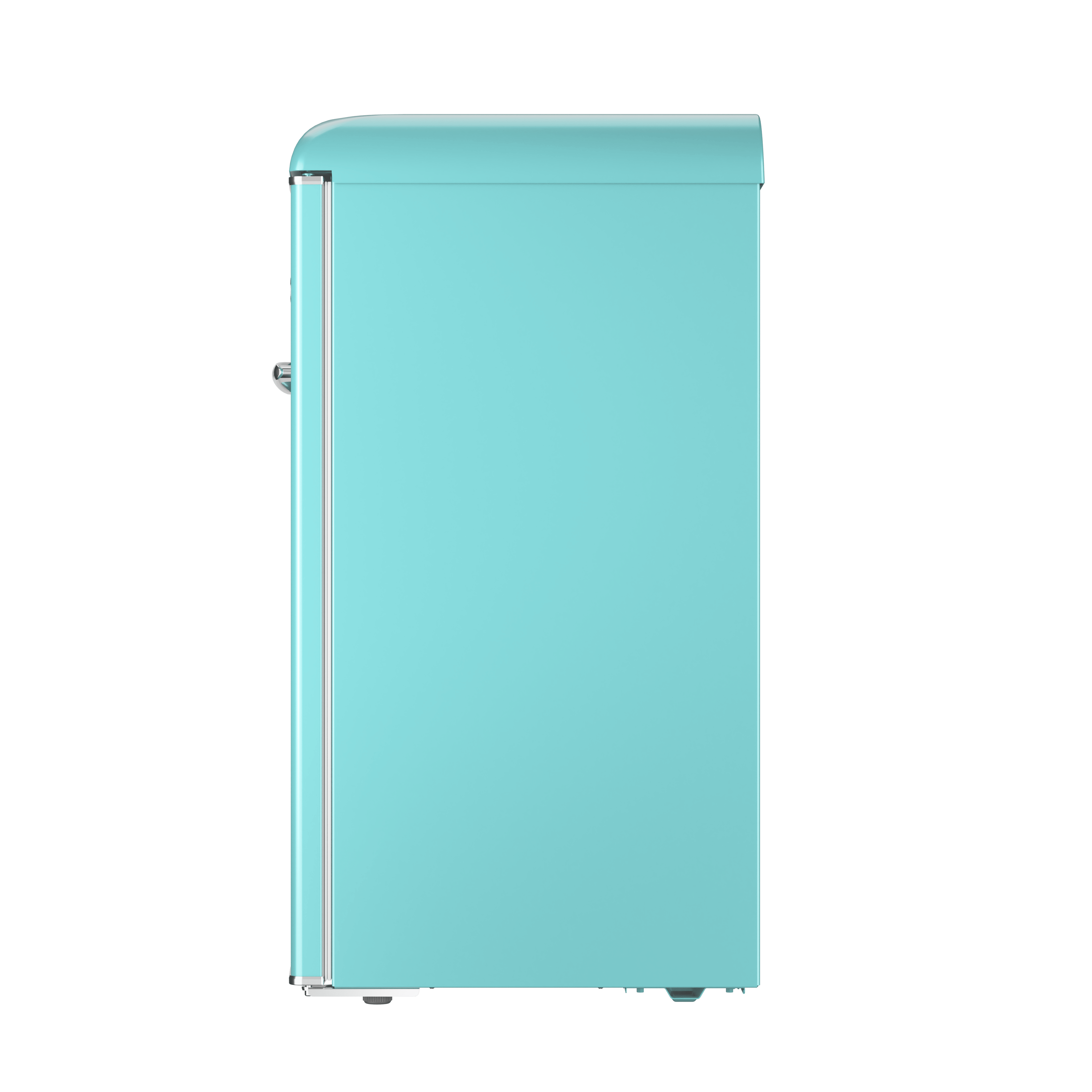Un refrigerador retro turquesa con asa y molduras plateadas, sobre fondo negro.