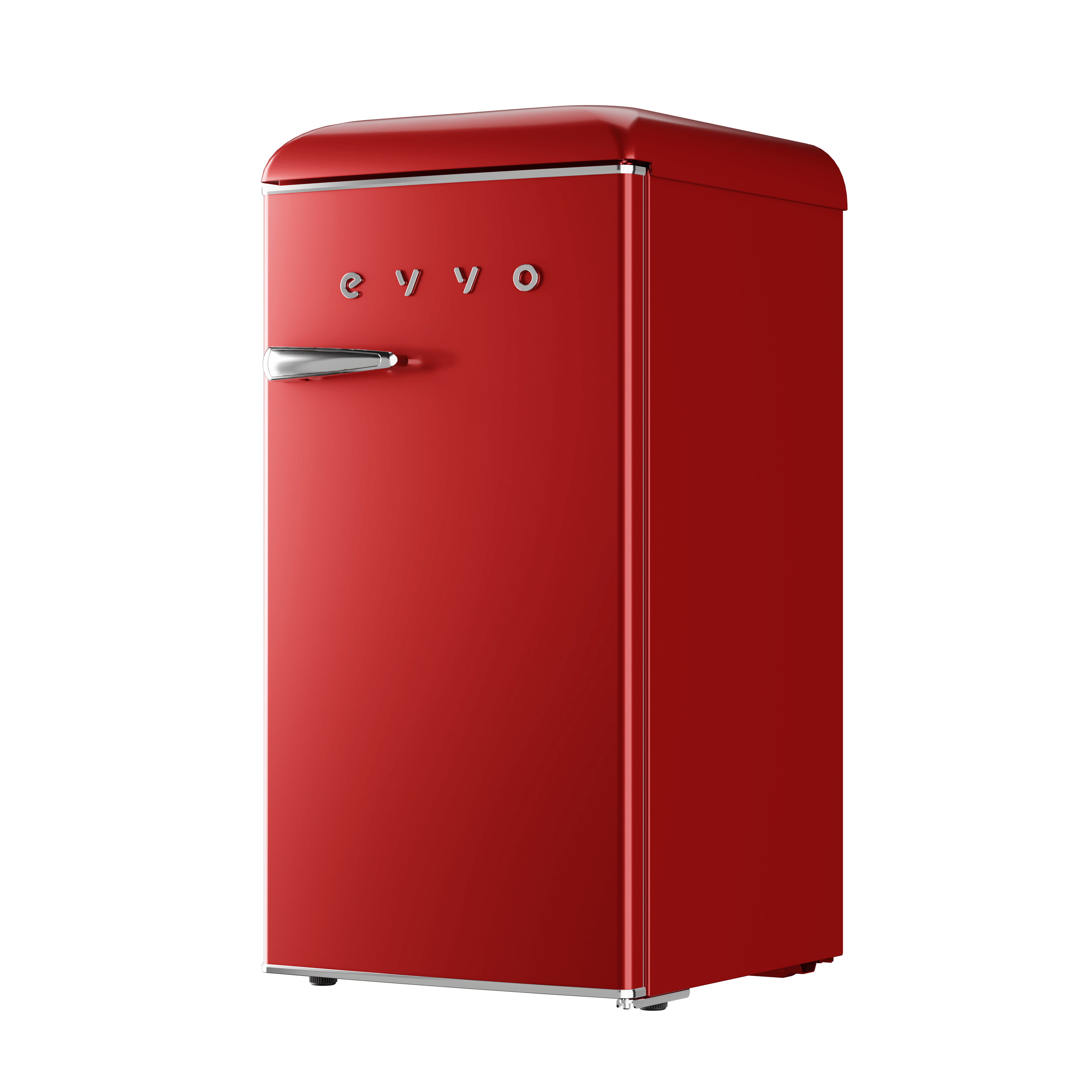 Un refrigerador retro rojo con asa plateada y nombre de la marca en la puerta.