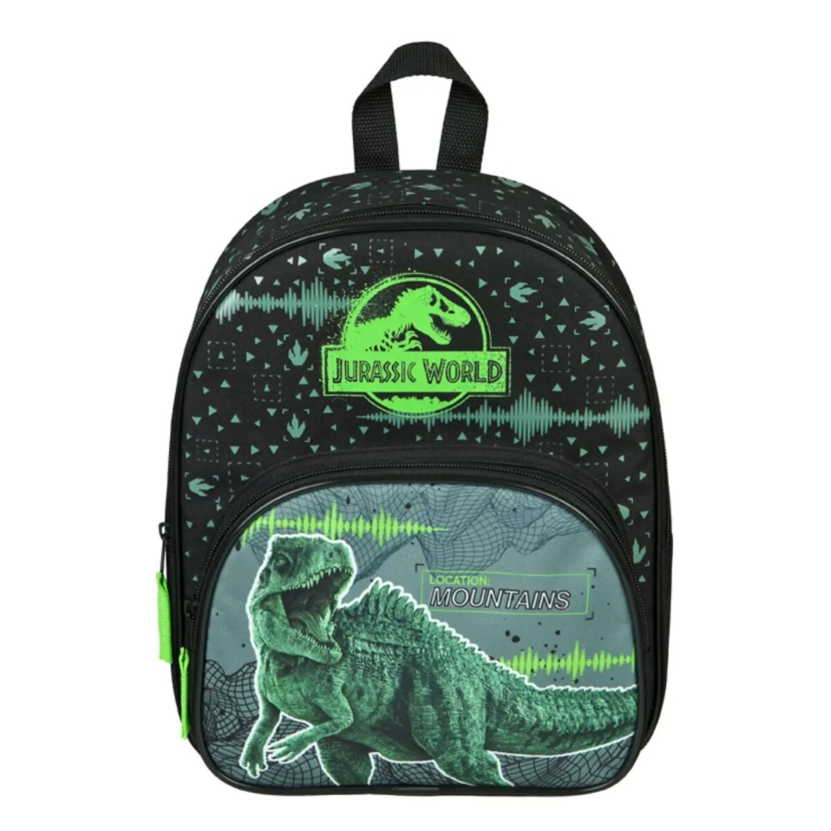 Een zwarte Jurassic World rugzak met een dinosaurusafbeelding en groene accenten.