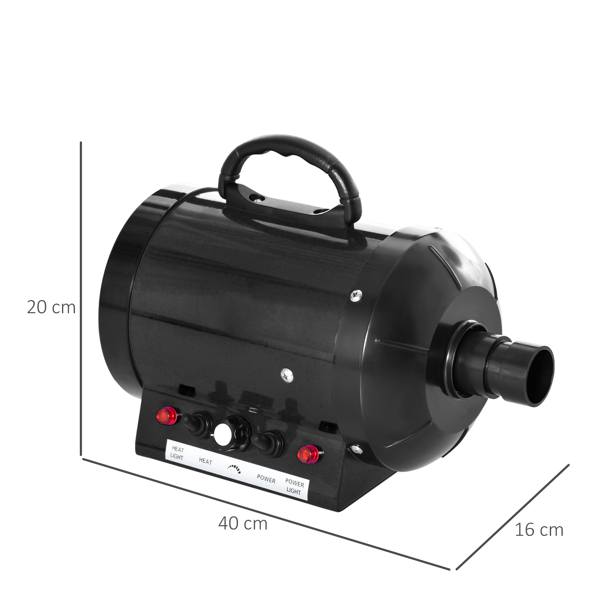 Secador de aseo canino negro con dimensiones: 40x20x16cm, con controles de energía y calor.