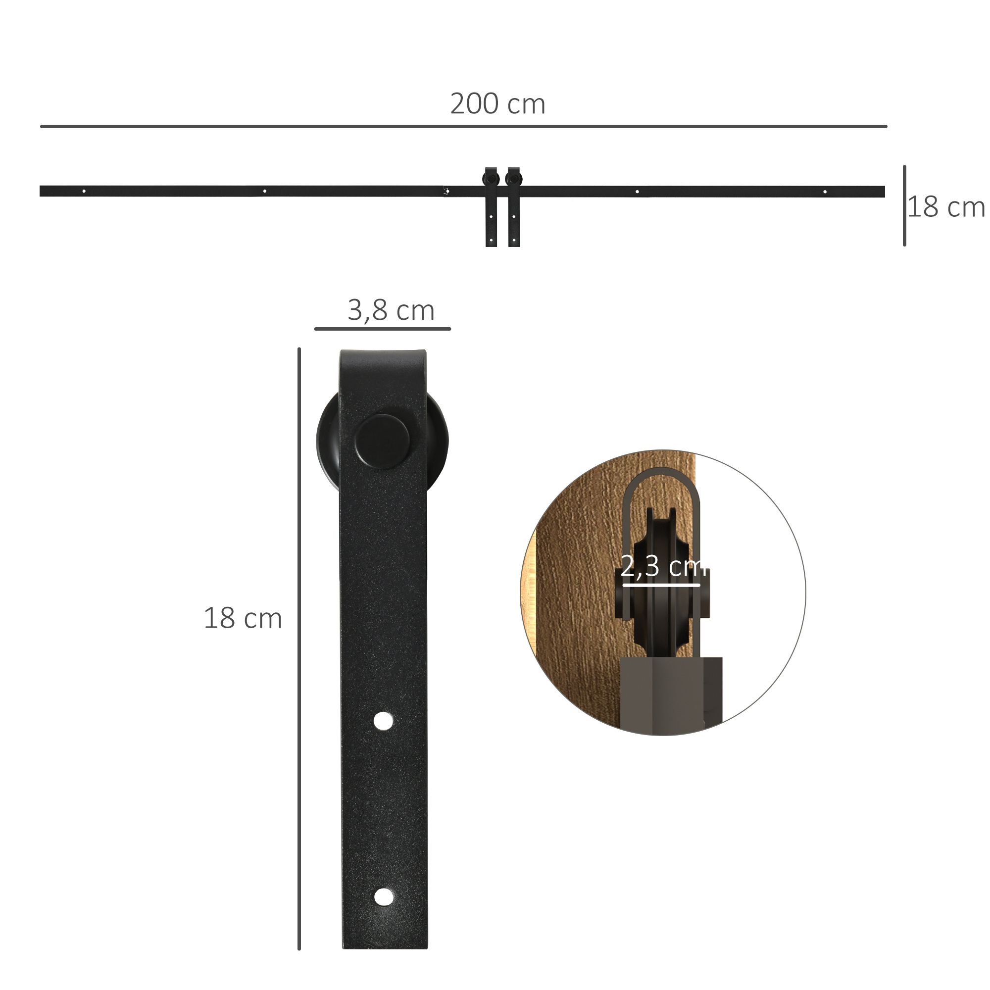 Herrajes negros para puertas correderas con medidas: 200 cm de largo, 18 cm de alto y 3,8 cm de ancho.