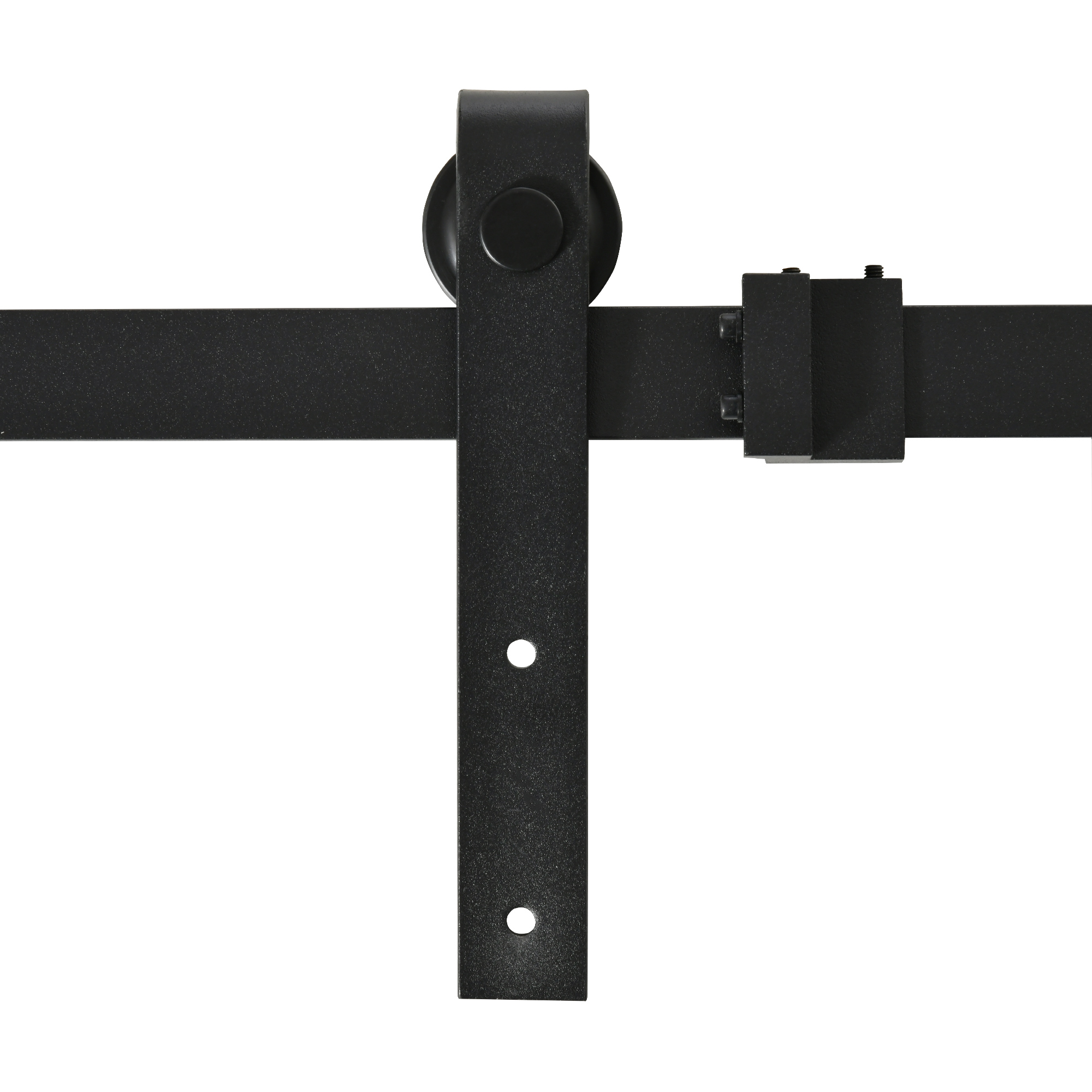 Herrajes negros para puertas correderas. Una correa vertical con dos agujeros cuelga.
