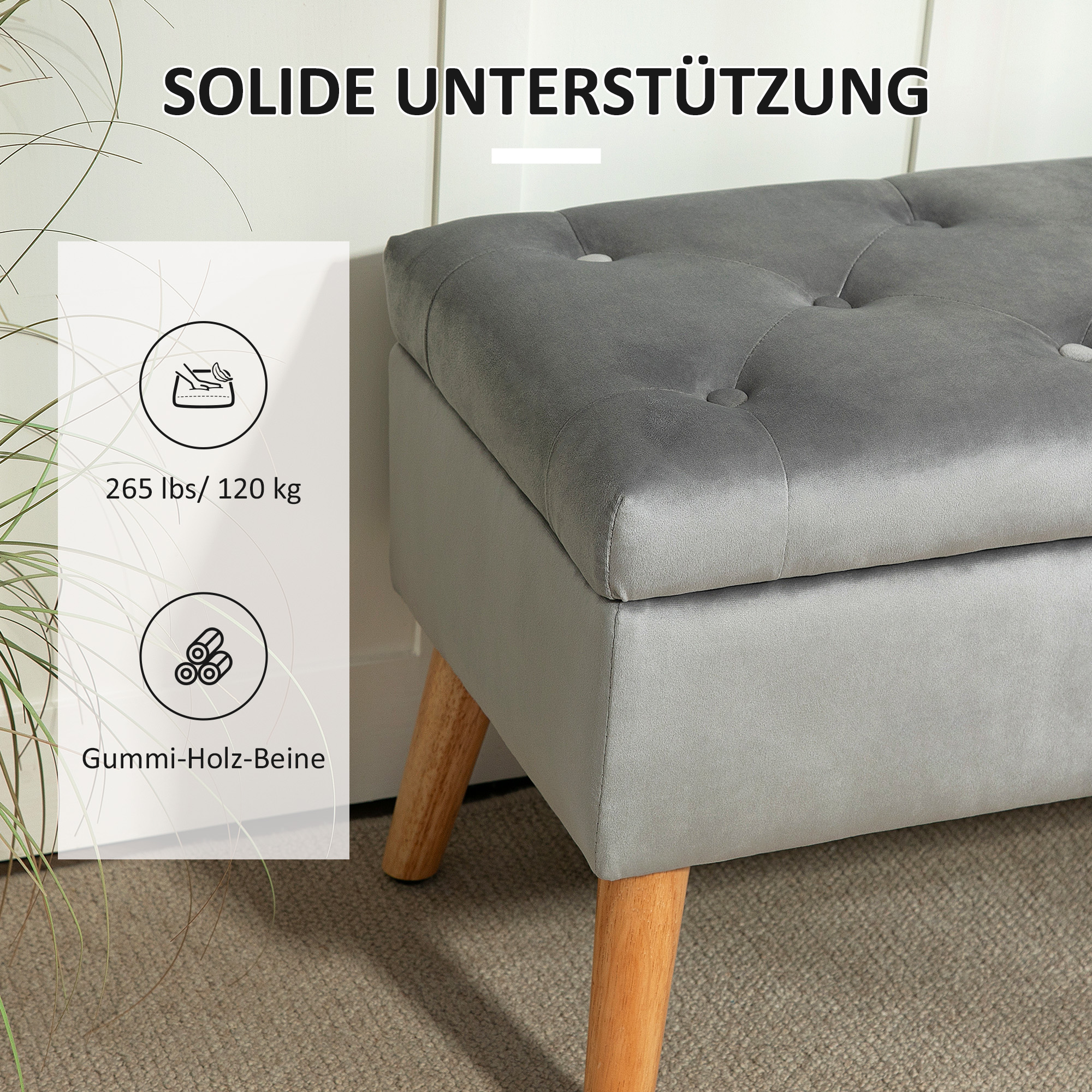 Graue Aufbewahrungsbank mit Holzbeinen, hält 265 lbs / 120 kg.