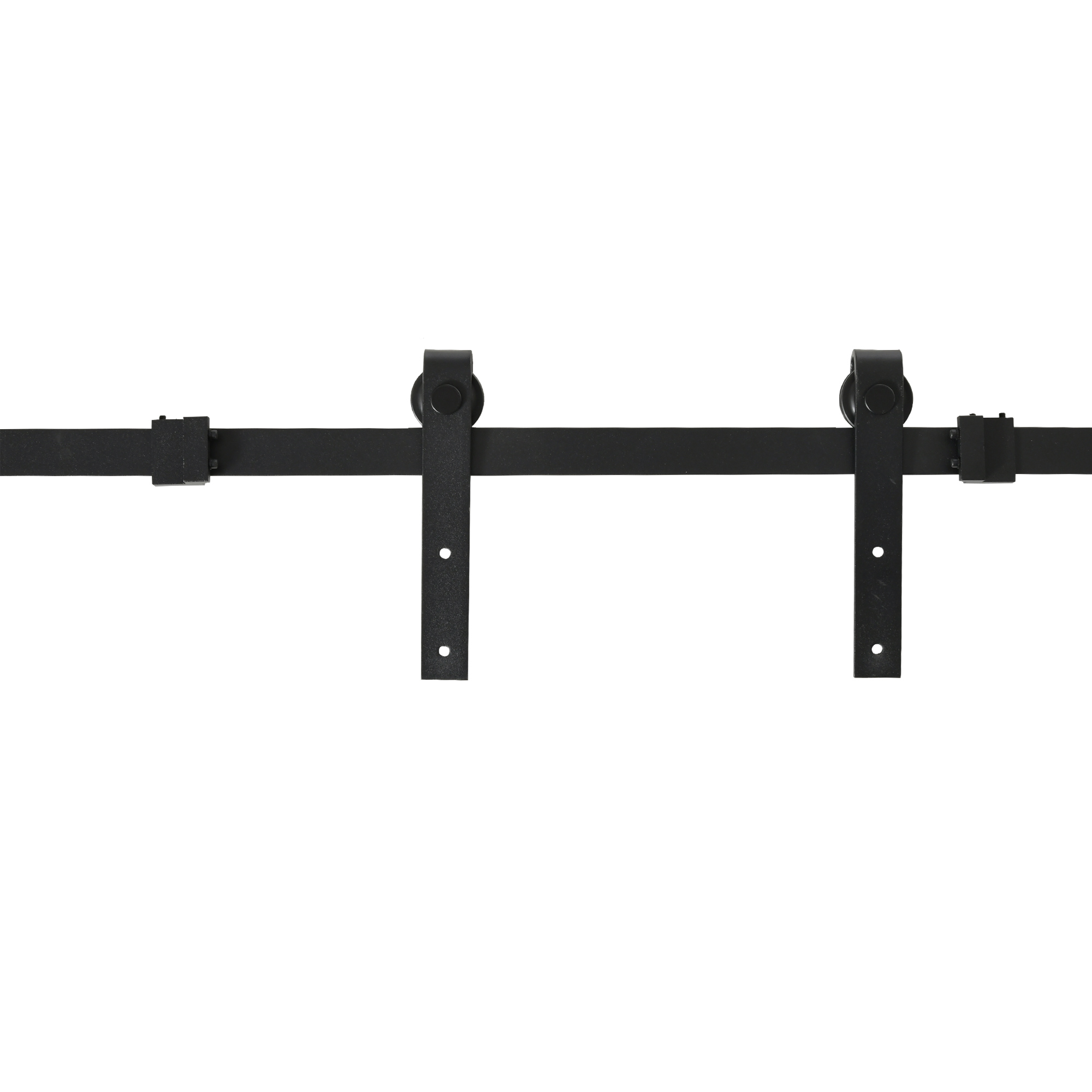 Herrajes negros para puertas correderas. Dos correas verticales con dos agujeros cada una cuelgan.