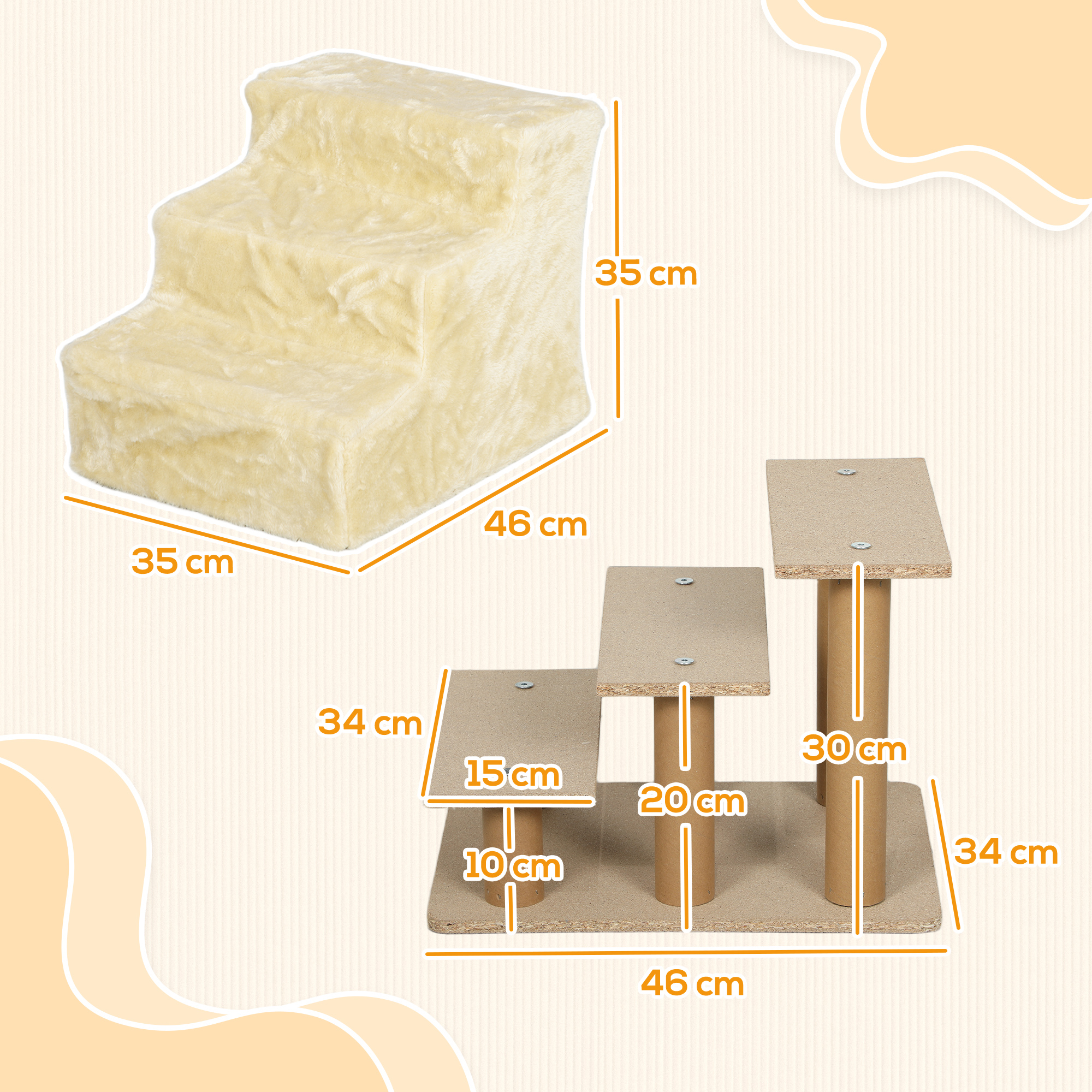 Escaleras para gatos, color beige, con dimensiones en cm.